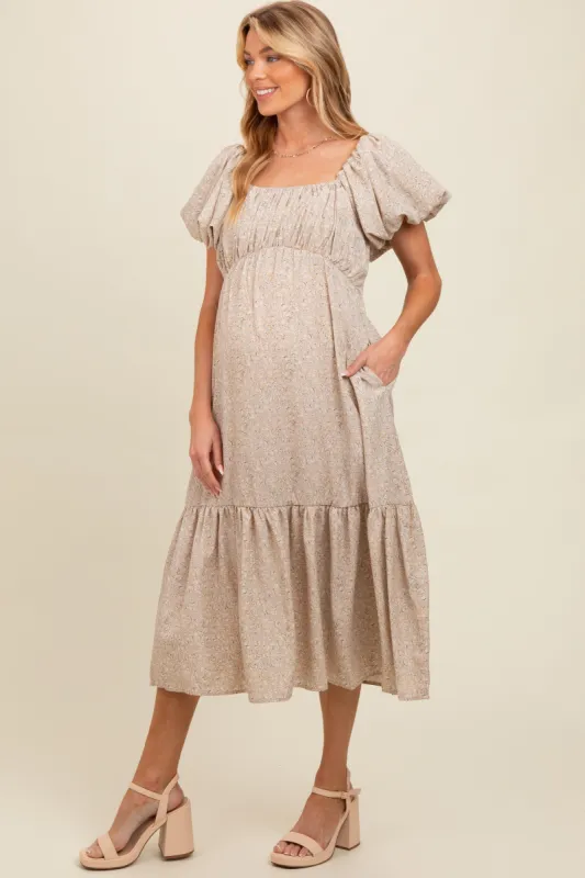 Light Taupe Floral Puffed Sleeve Maternity Midi Dress sold by Pinkblush