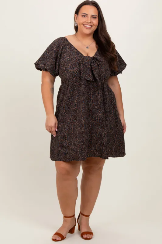 Navy Cheetah Print Knotted Puff Sleeve Plus Dress sold by Pinkblush