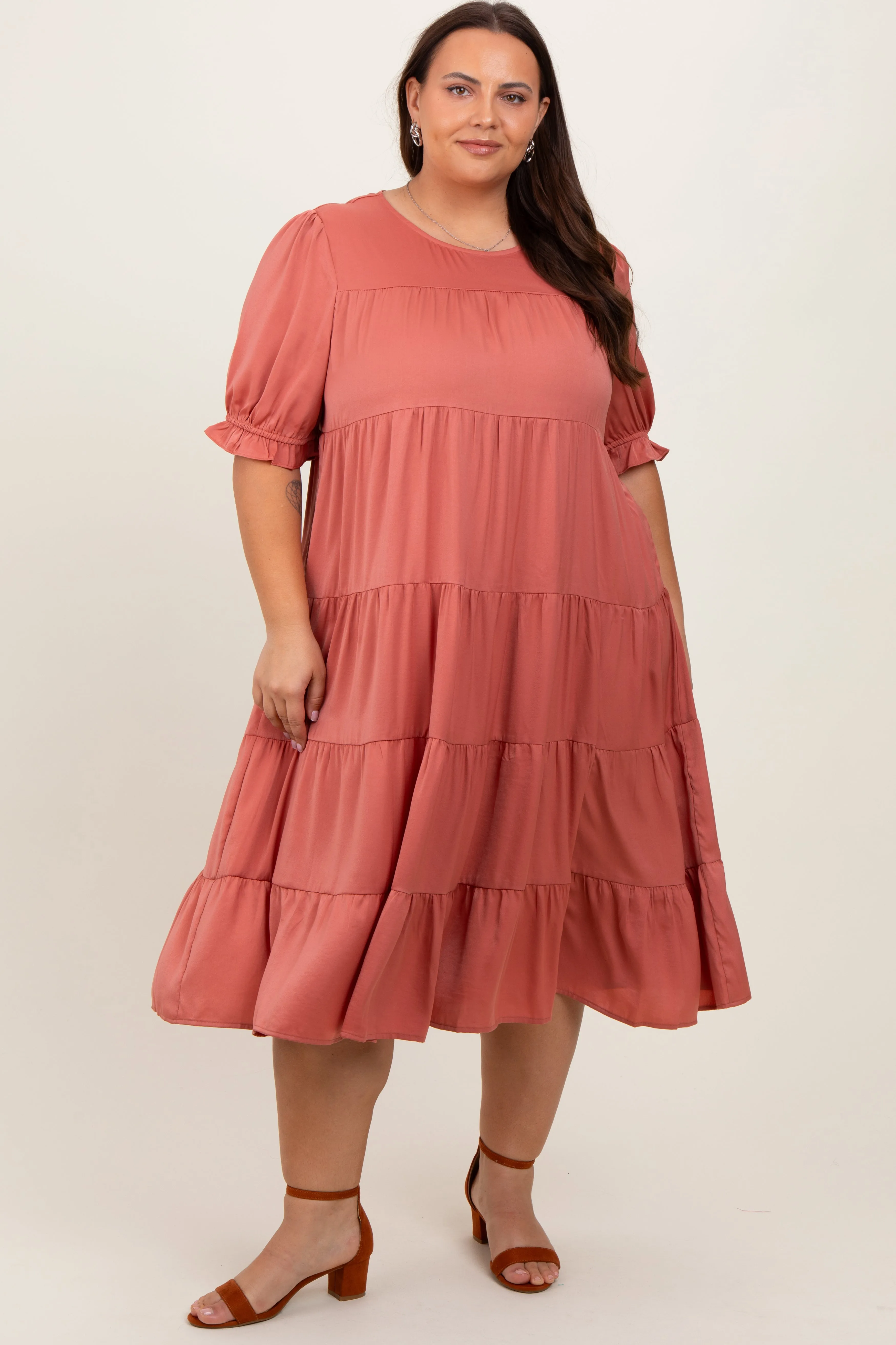 Salmon Satin Tiered Plus Dress sold by Pinkblush