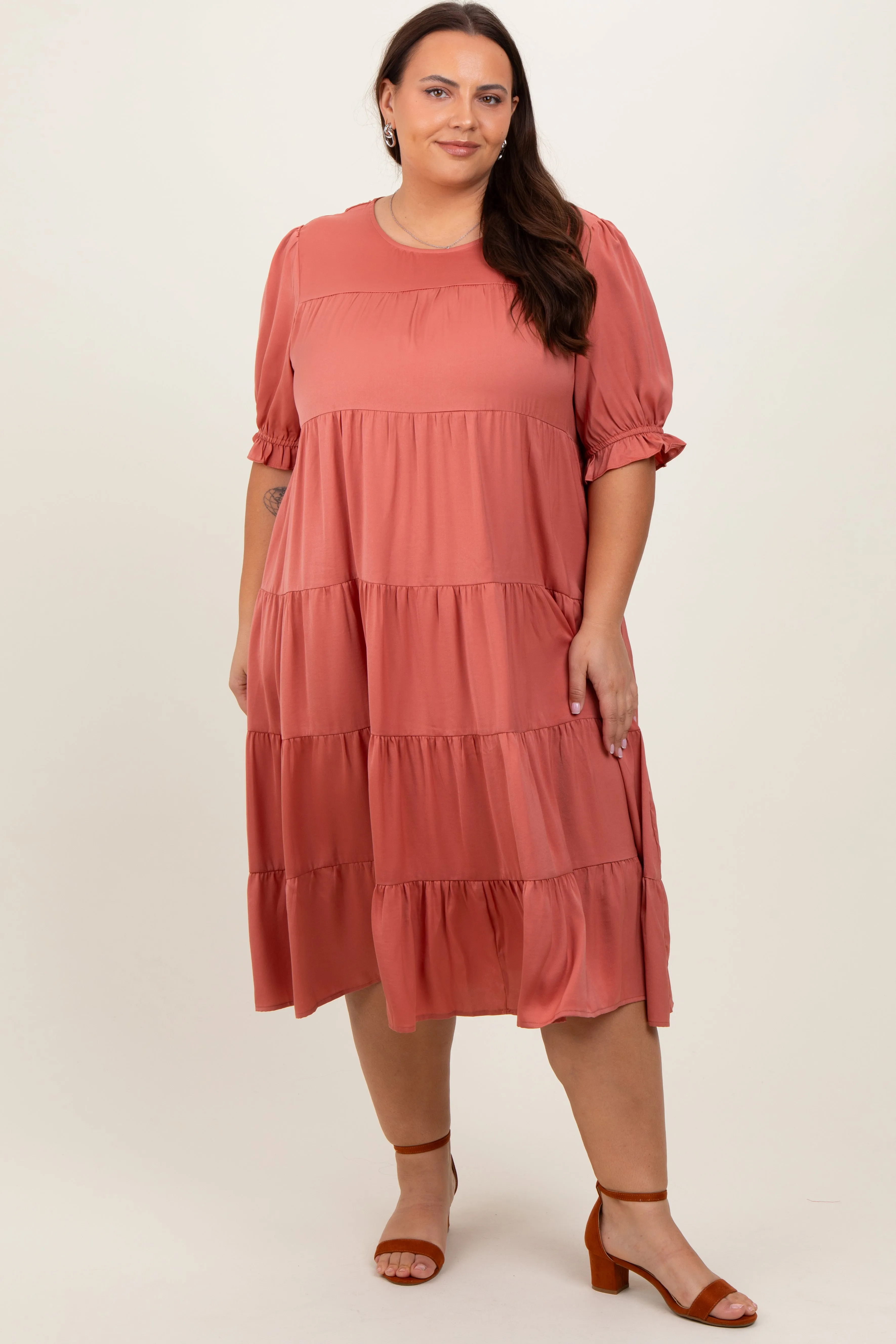 Salmon Satin Tiered Plus Dress sold by Pinkblush product image thumbnail 2