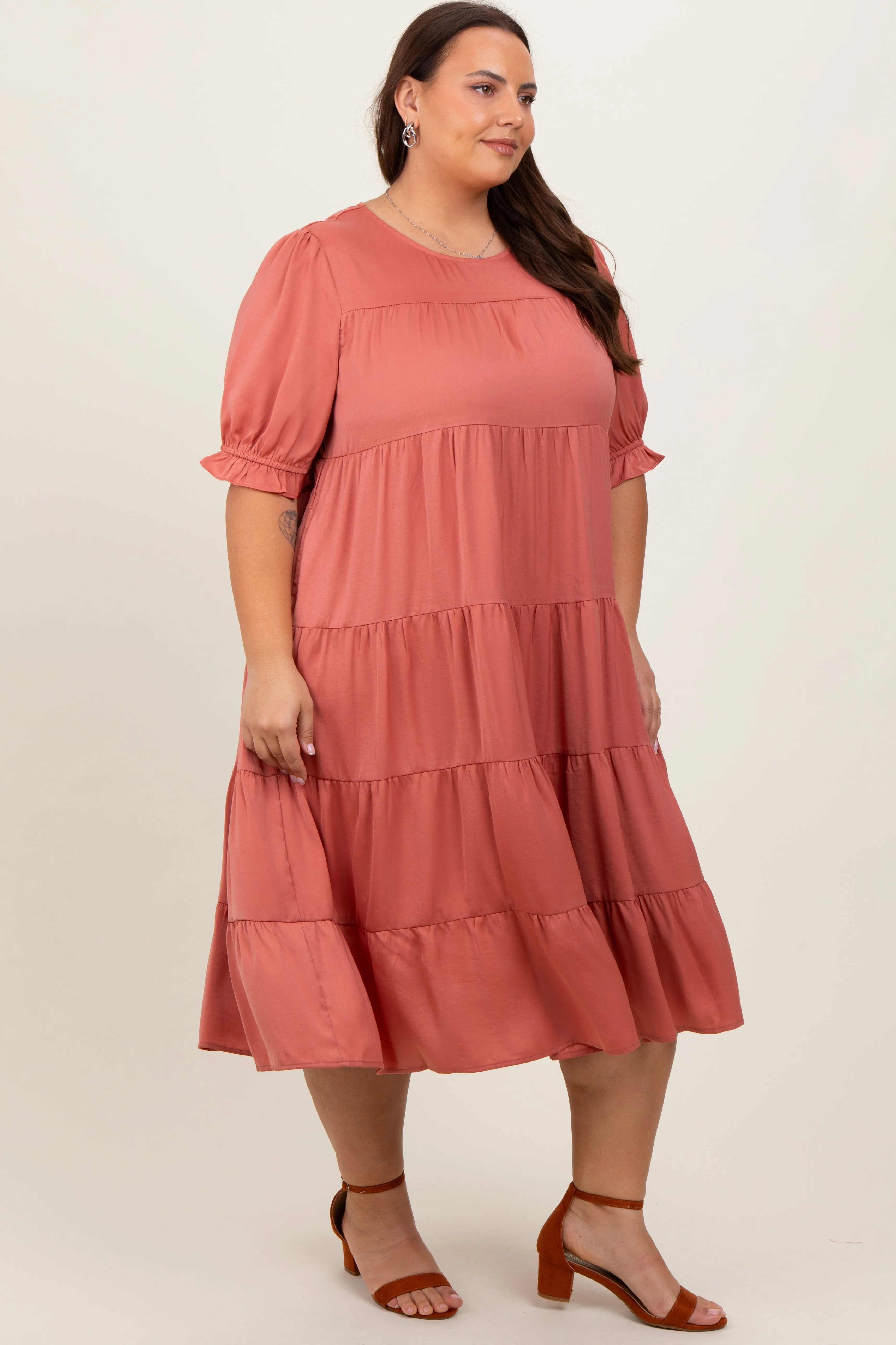 Salmon Satin Tiered Plus Dress sold by Pinkblush product image thumbnail 3