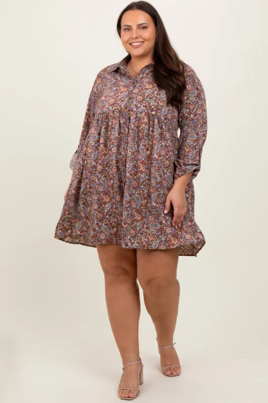 Brown Floral Paisley Button Up Plus Dress sold by Pinkblush