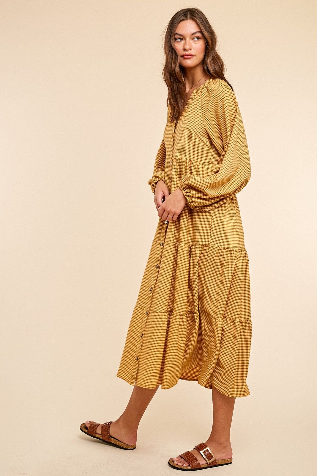 Yellow Gingham Print Button Down Midi Dress sold by Pinkblush product image thumbnail 3