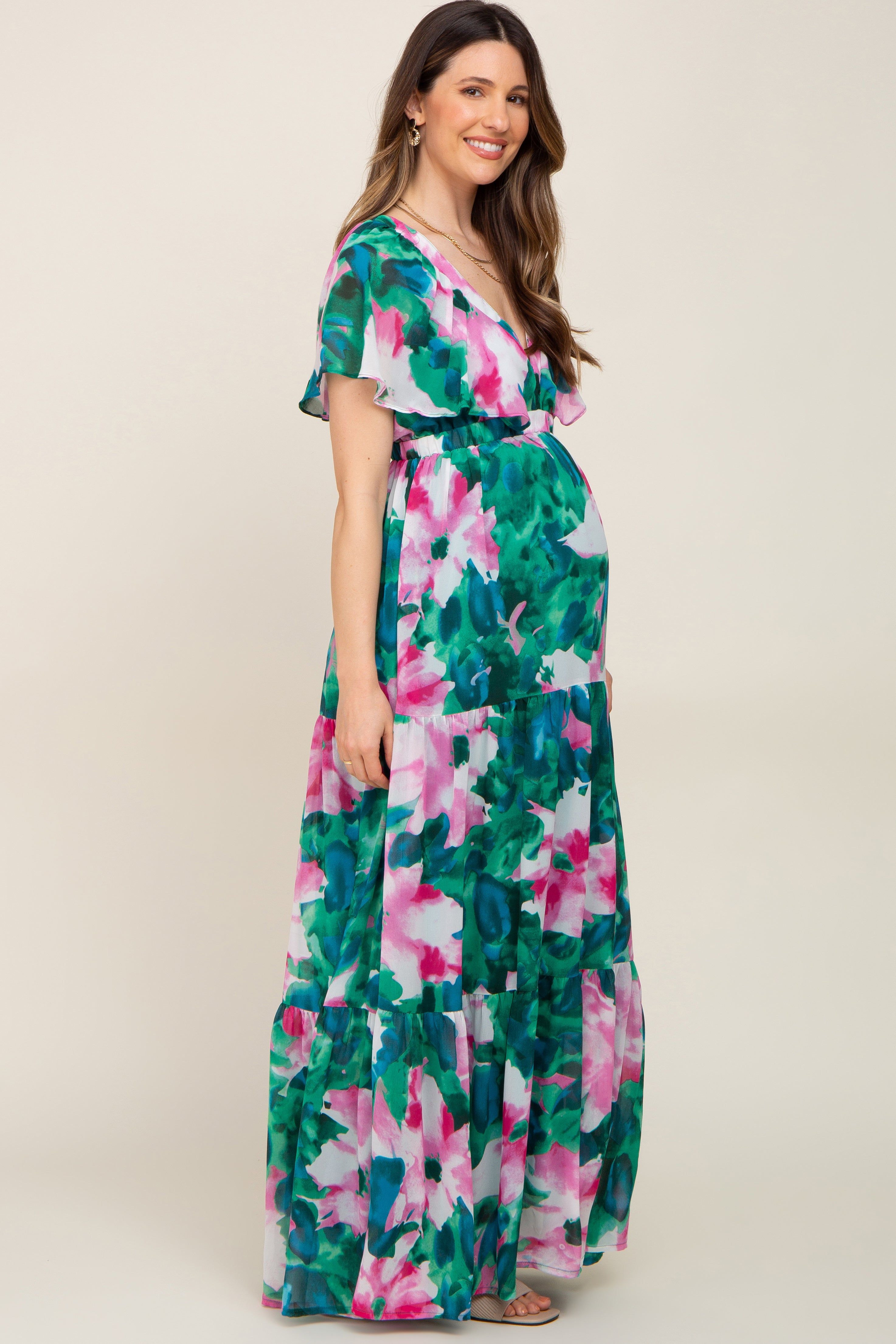 Dark Teal Floral Chiffon Deep V Flutter Sleeve Maternity Maxi Dress sold by Pinkblush product image thumbnail 2