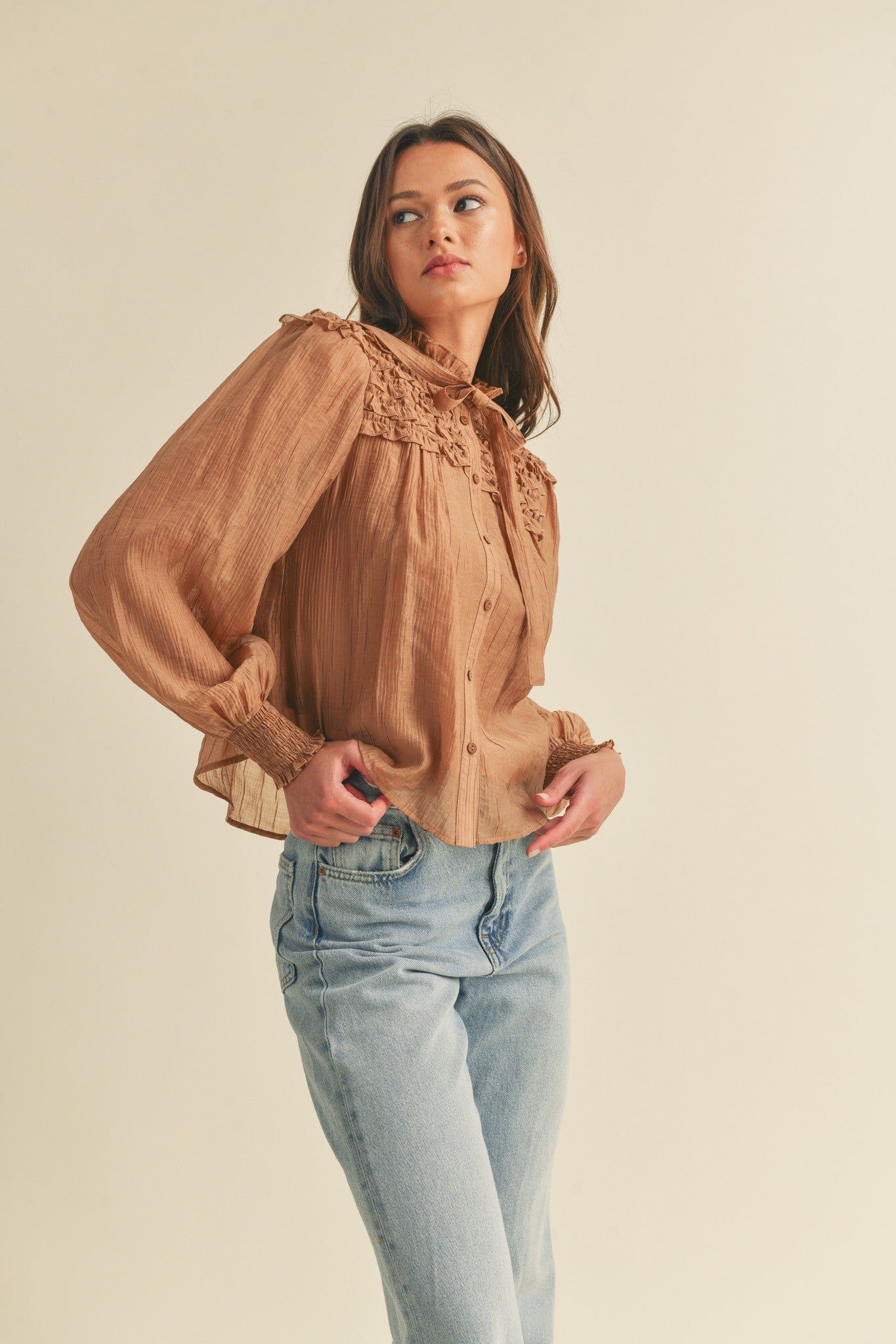 Mocha Ruffle Yoke Balloon Sleeve Top sold by Pinkblush product image thumbnail 2