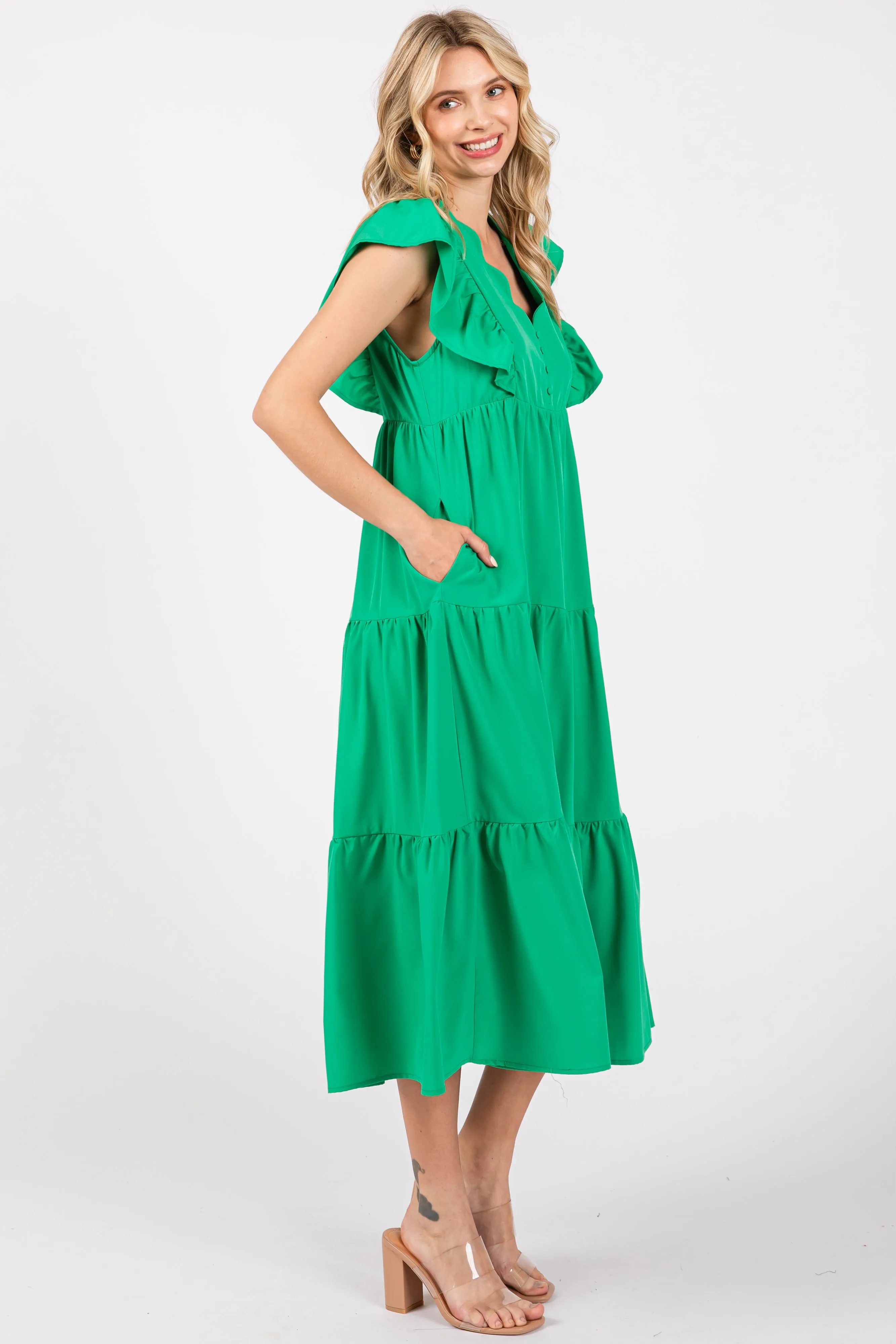 Green Flutter Sleeve Tiered Midi Dress sold by Pinkblush product image thumbnail 2