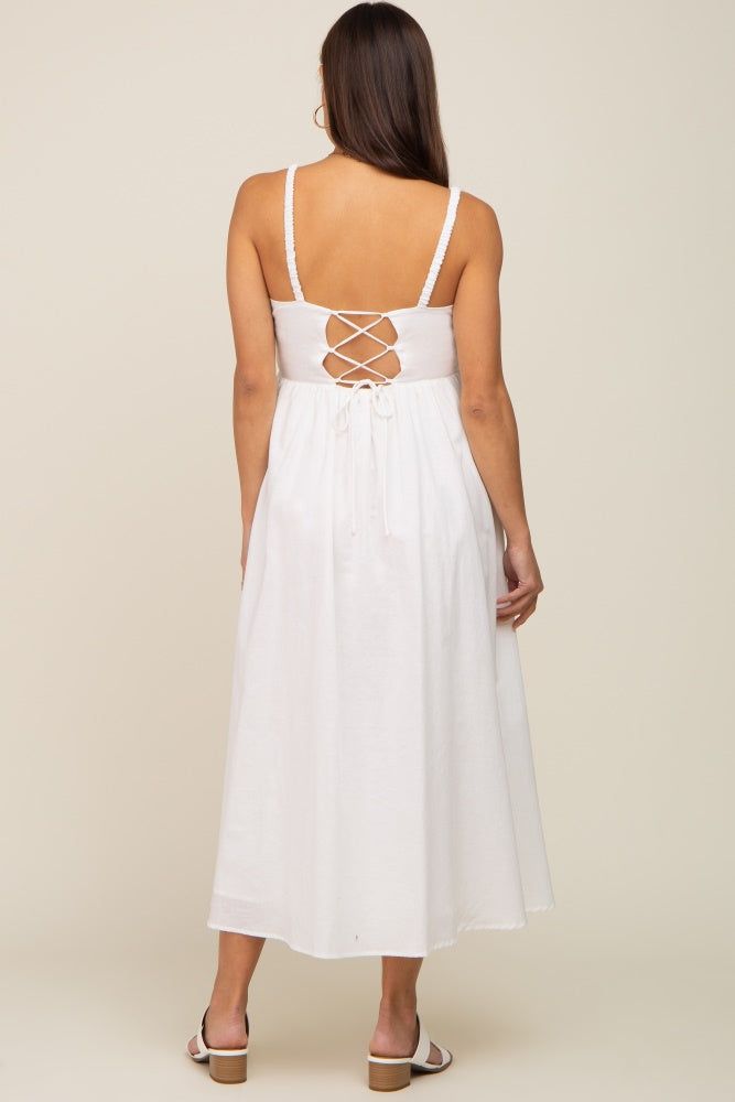 White Linen Square Neck Lace-Up Back Maternity Midi Dress sold by Pinkblush product image thumbnail 4