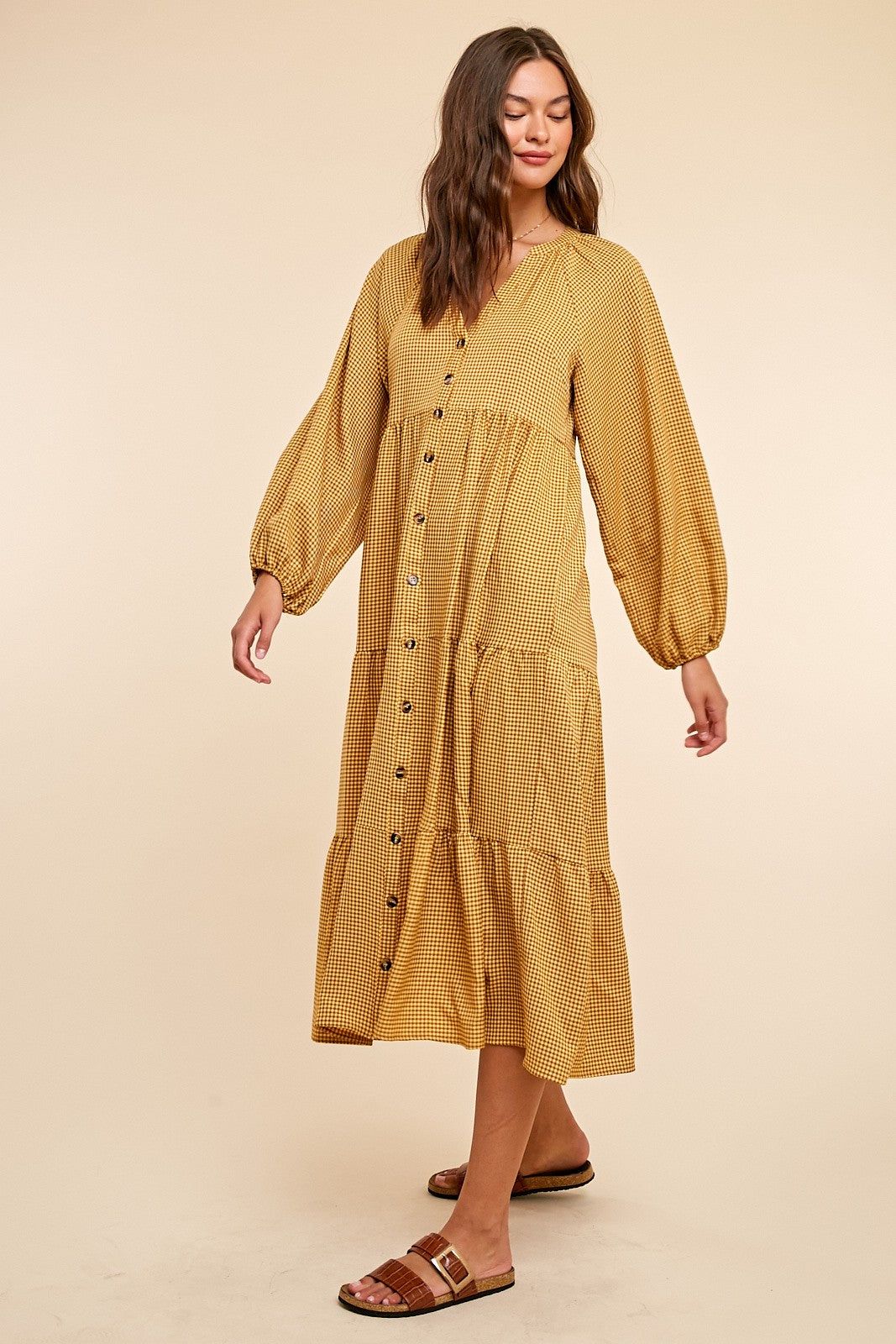 Yellow Gingham Print Button Down Midi Dress sold by Pinkblush product image thumbnail 4