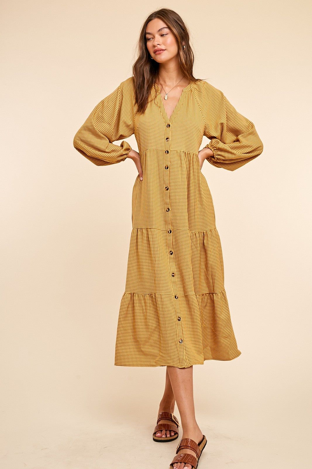 Yellow Gingham Print Button Down Midi Dress sold by Pinkblush