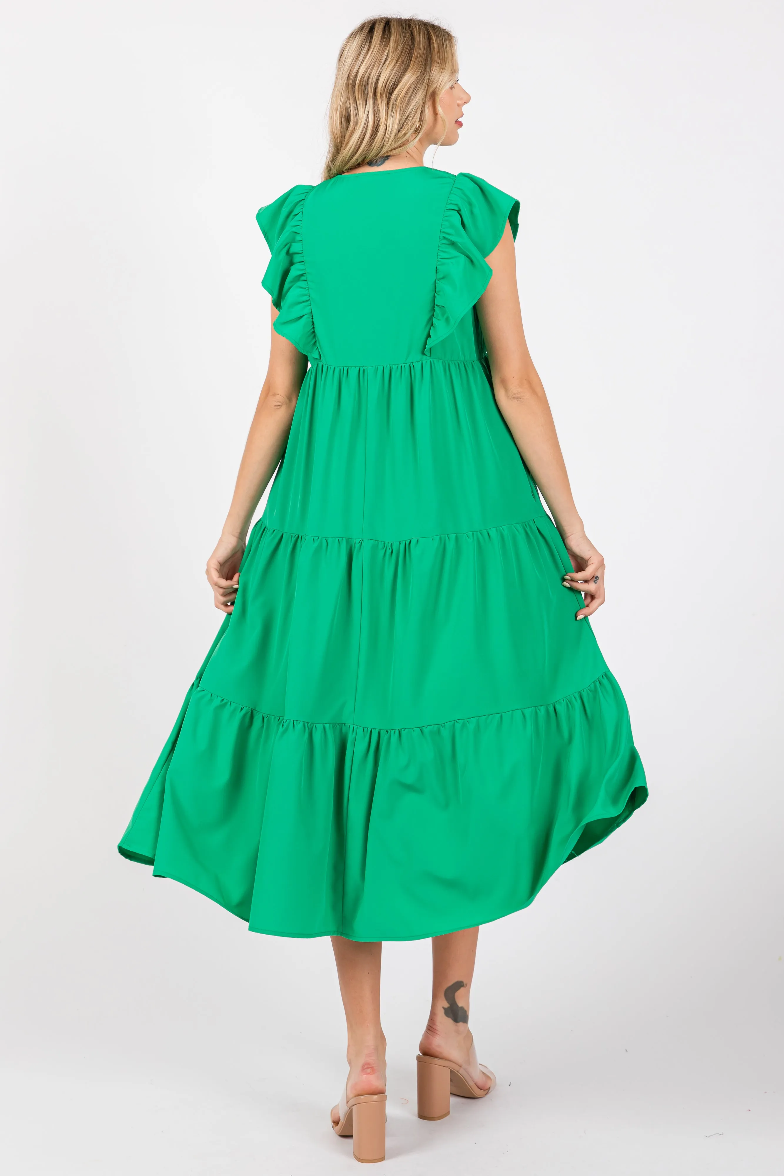 Green Flutter Sleeve Tiered Midi Dress sold by Pinkblush product image thumbnail 3