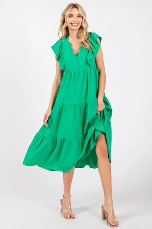 Green Flutter Sleeve Tiered Midi Dress made by Pinkblush