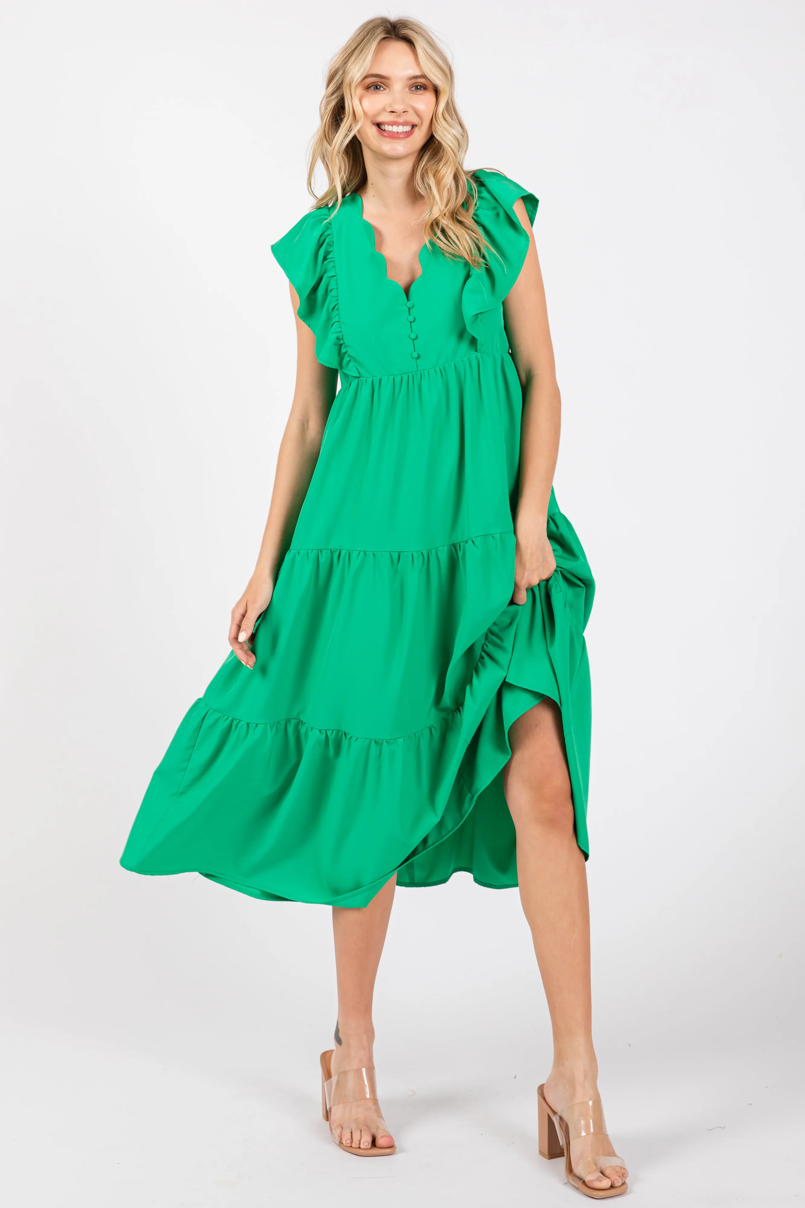 Green Flutter Sleeve Tiered Midi Dress sold by Pinkblush