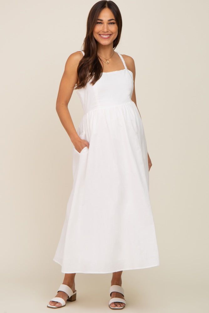 White Linen Square Neck Lace-Up Back Maternity Midi Dress sold by Pinkblush product image thumbnail 5