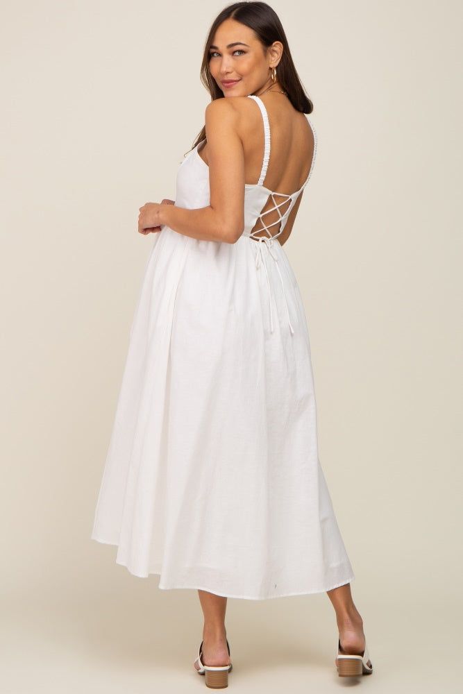 White Linen Square Neck Lace-Up Back Maternity Midi Dress sold by Pinkblush product image thumbnail 2
