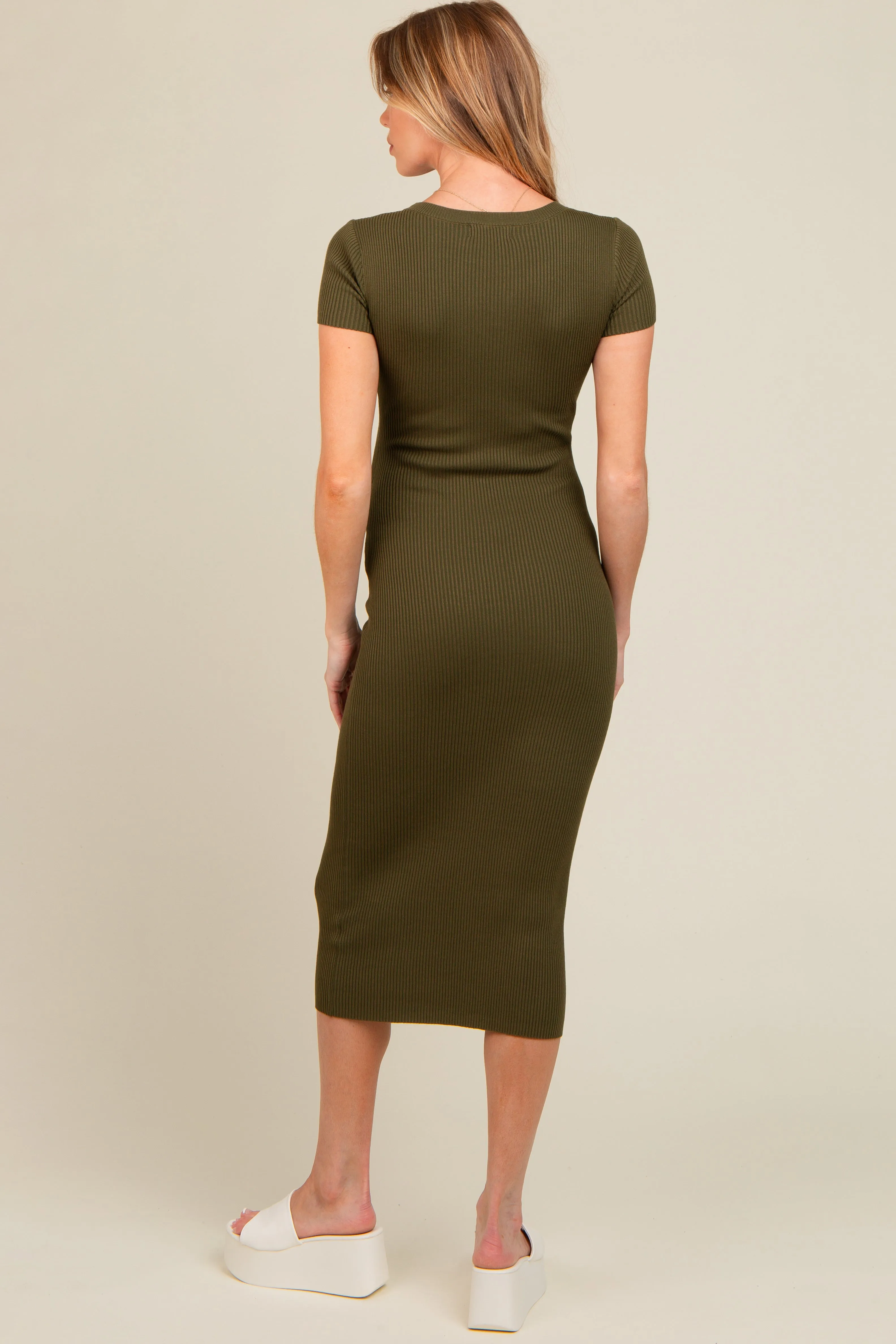 Olive Short Sleeve Rib Knit Maternity Midi Dress sold by Pinkblush product image thumbnail 4