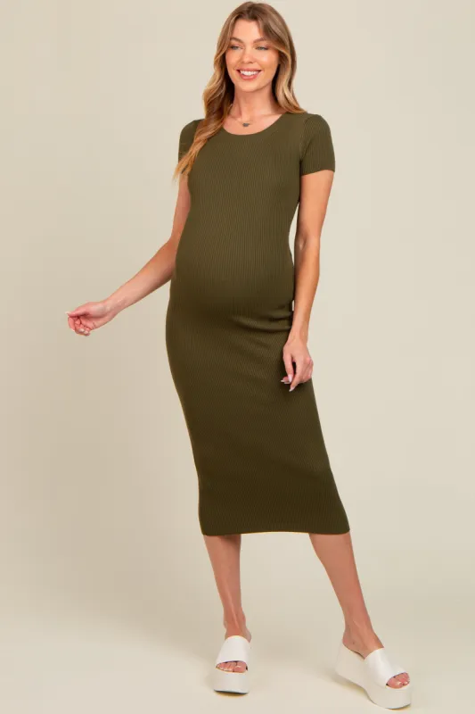 Olive Short Sleeve Rib Knit Maternity Midi Dress sold by Pinkblush