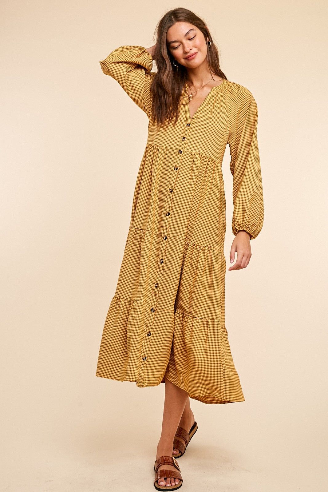 Yellow Gingham Print Button Down Midi Dress sold by Pinkblush product image thumbnail 2