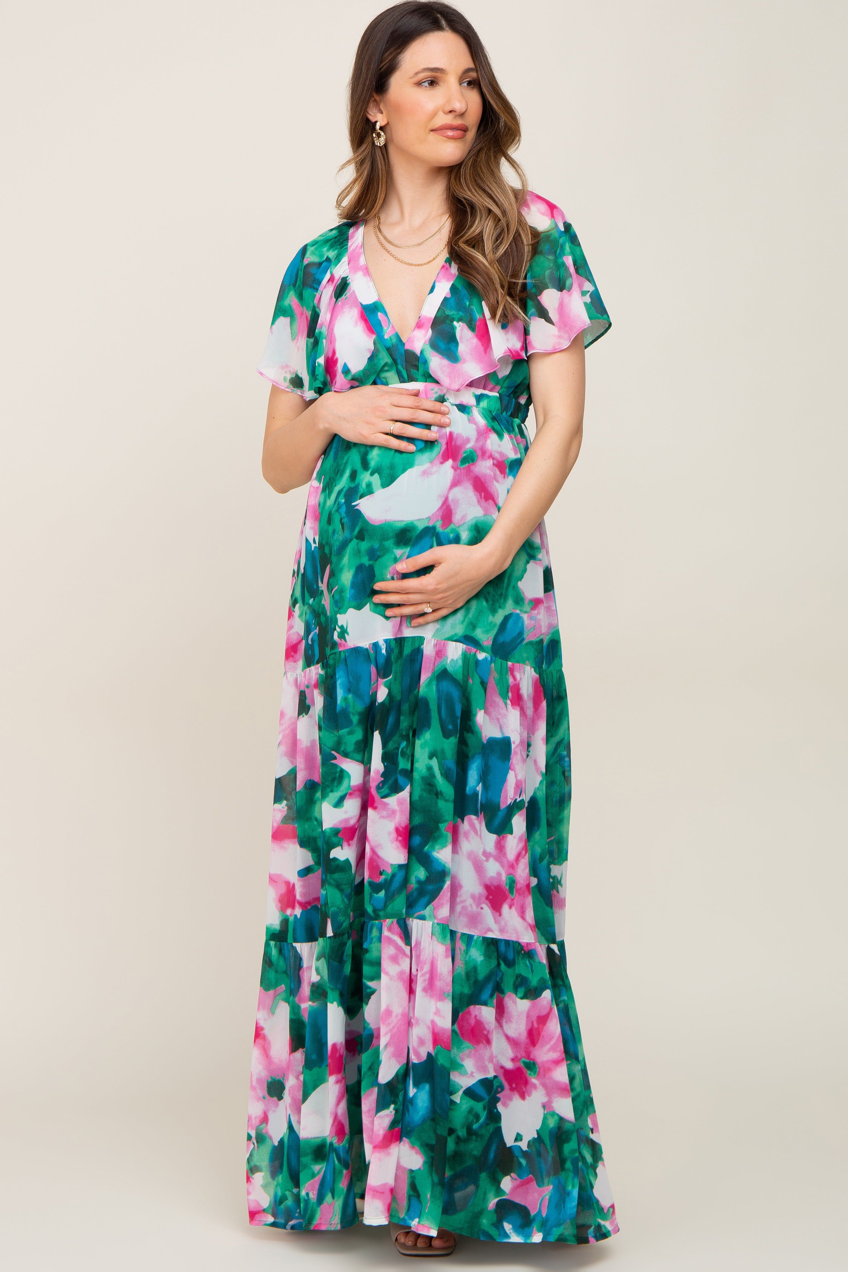 Dark Teal Floral Chiffon Deep V Flutter Sleeve Maternity Maxi Dress sold by Pinkblush product image thumbnail 4