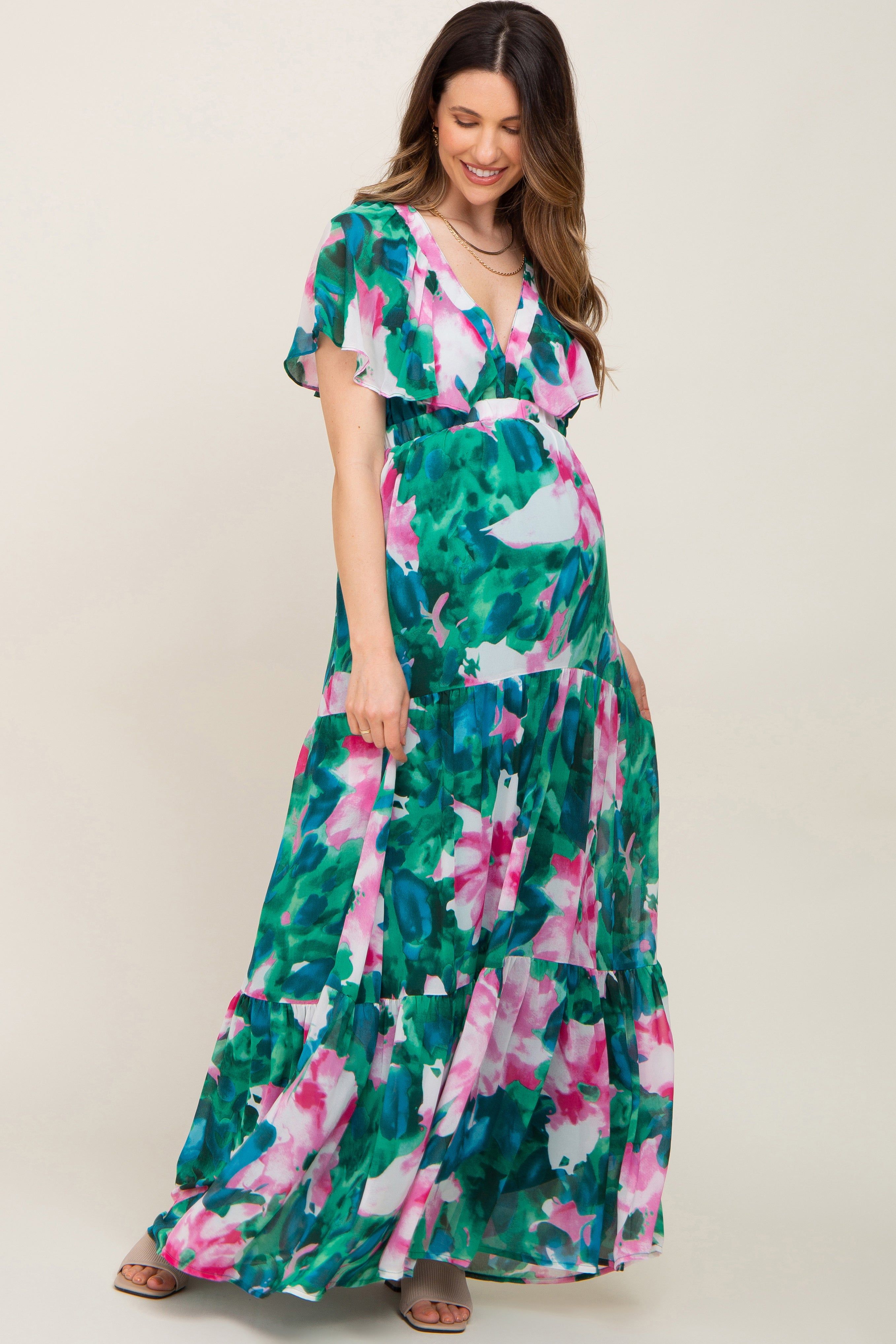 Dark Teal Floral Chiffon Deep V Flutter Sleeve Maternity Maxi Dress sold by Pinkblush