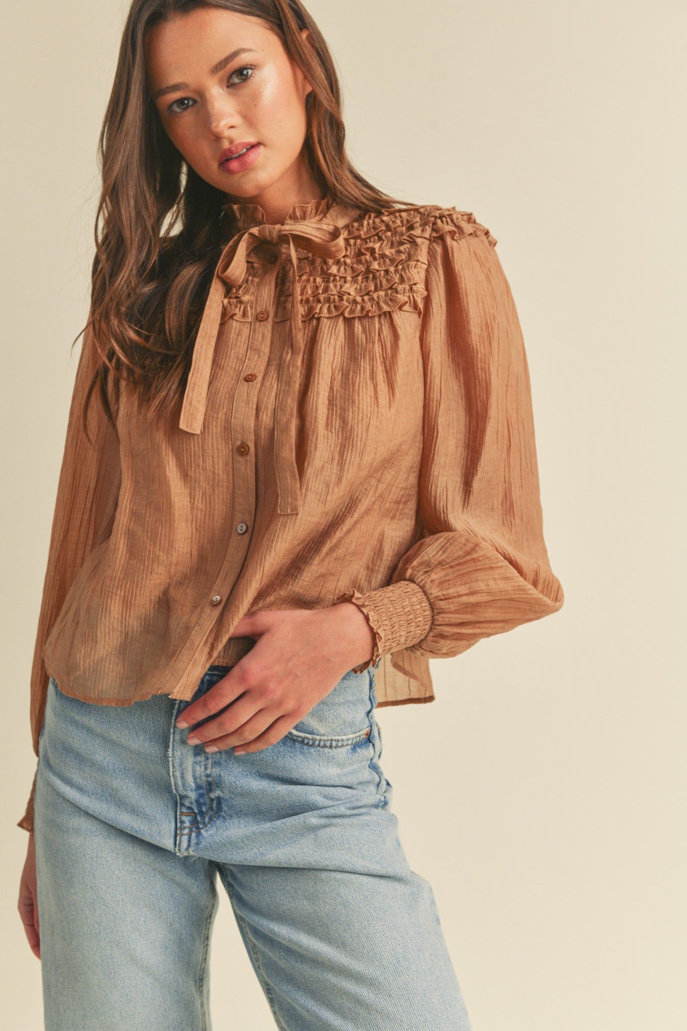 Mocha Ruffle Yoke Balloon Sleeve Top sold by Pinkblush