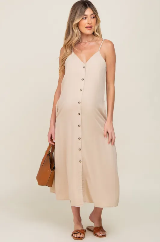 Beige Button Down Maternity Midi Tank Dress sold by Pinkblush