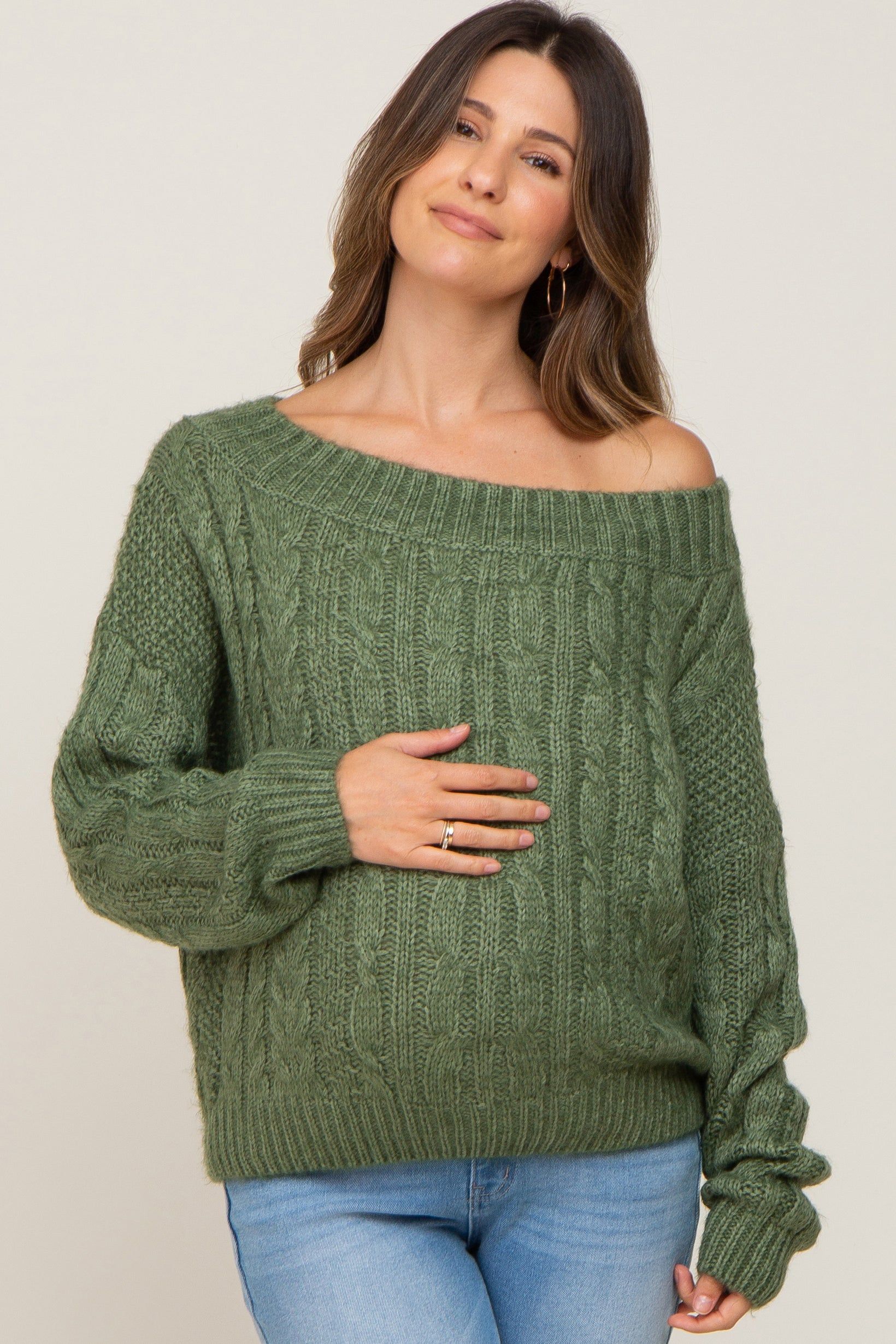 Olive Boat Neck Cable Knit Maternity Sweater sold by Pinkblush