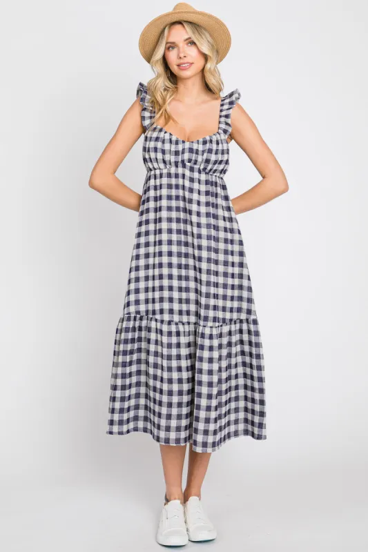 Navy Blue Checkered Linen Sweetheart Neck Ruffle Strap Midi Dress sold by Pinkblush