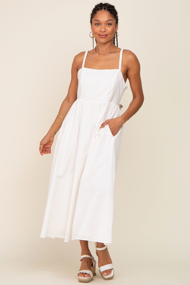 White Linen Square Neck Lace-Up Back Maternity Midi Dress sold by Pinkblush product image thumbnail 6