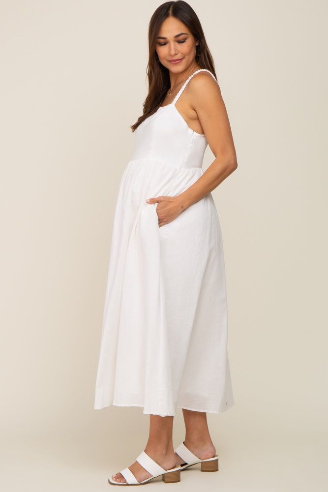 White Linen Square Neck Lace-Up Back Maternity Midi Dress sold by Pinkblush product image thumbnail 3