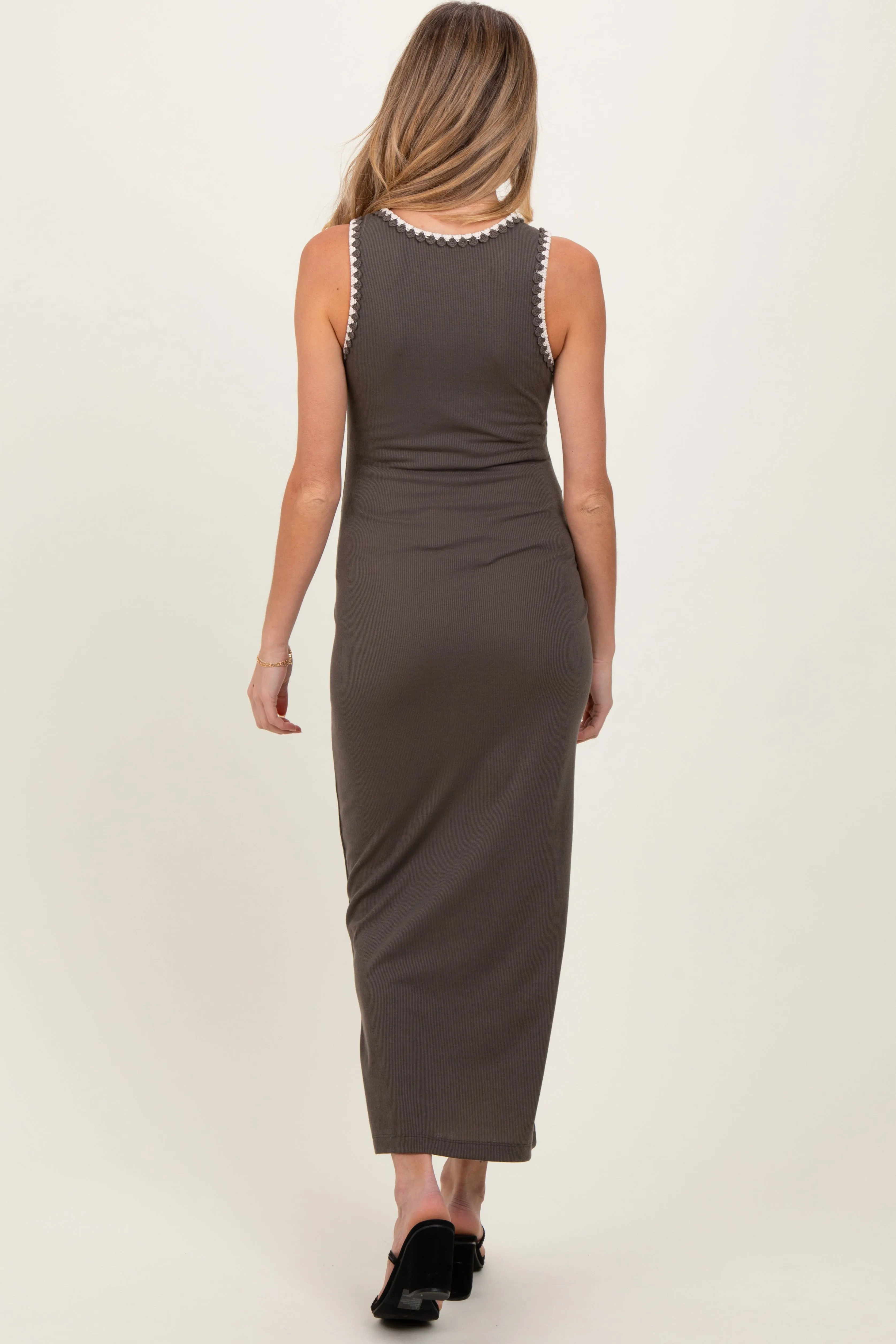 Taupe Crochet Trim Ribbed Sleeveless Maternity Maxi Dress sold by Pinkblush product image thumbnail 4
