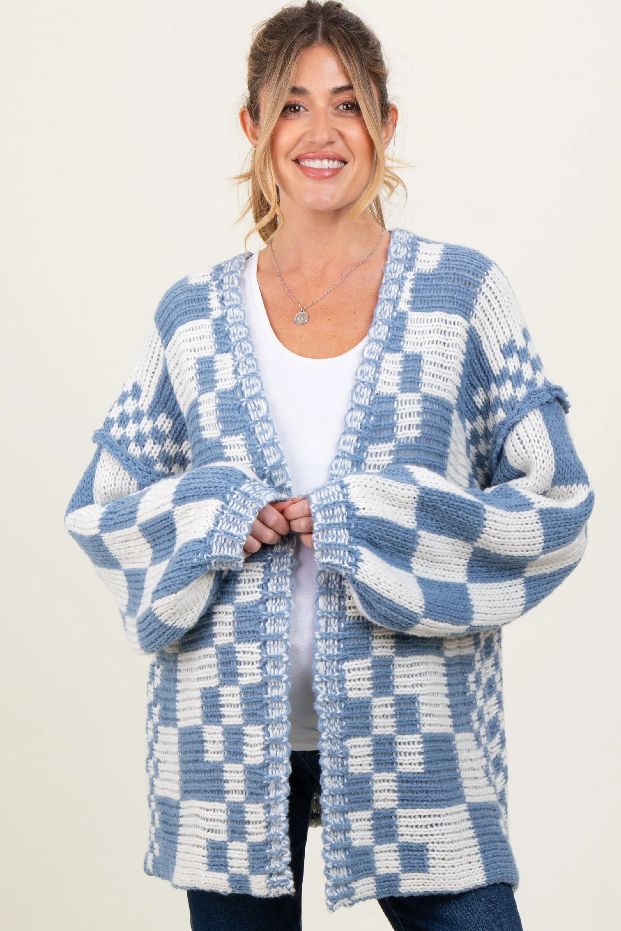 Blue Mixed Check Pattern Chunky Maternity Cardigan sold by Pinkblush product image thumbnail 2