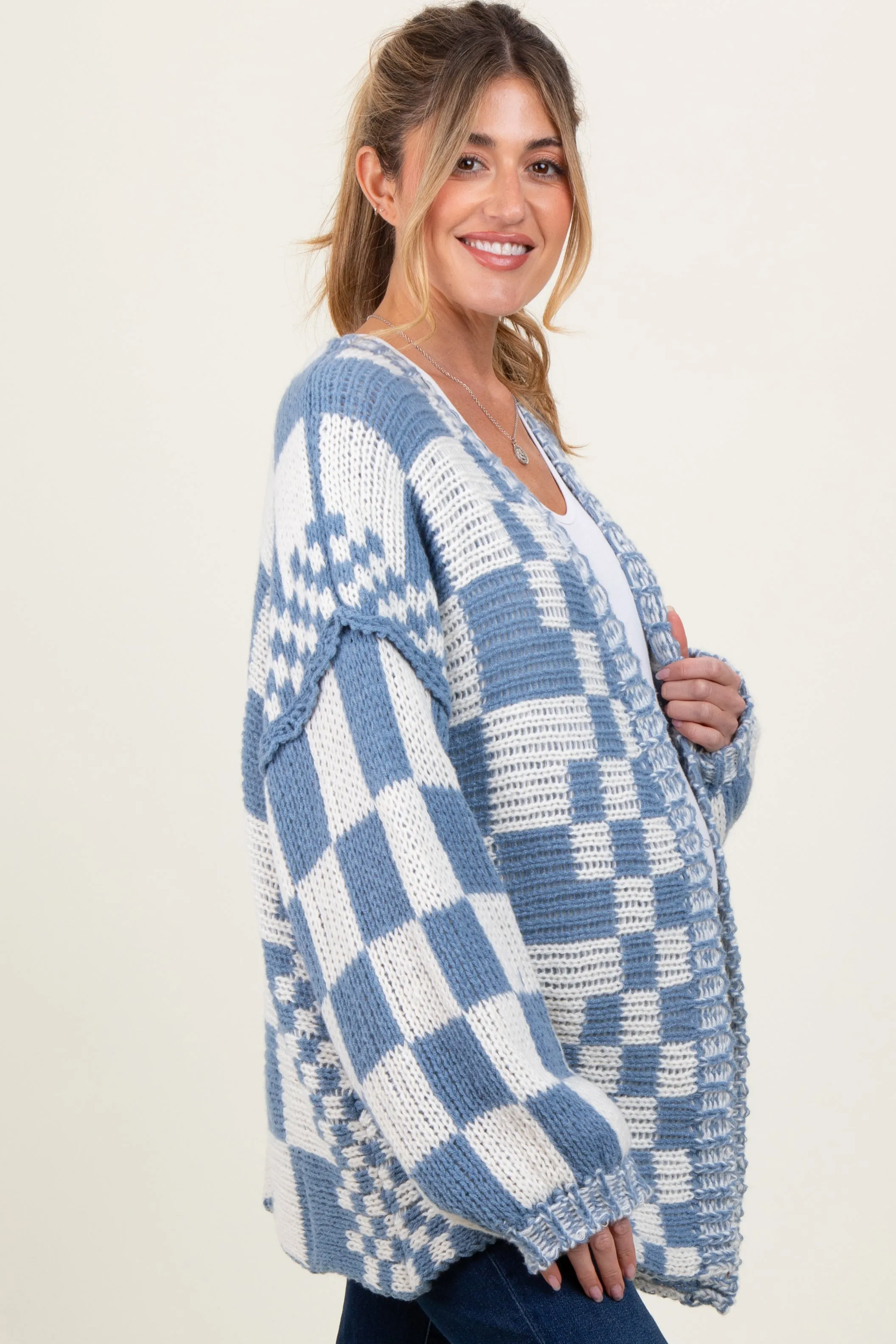 Blue Mixed Check Pattern Chunky Maternity Cardigan sold by Pinkblush product image thumbnail 3