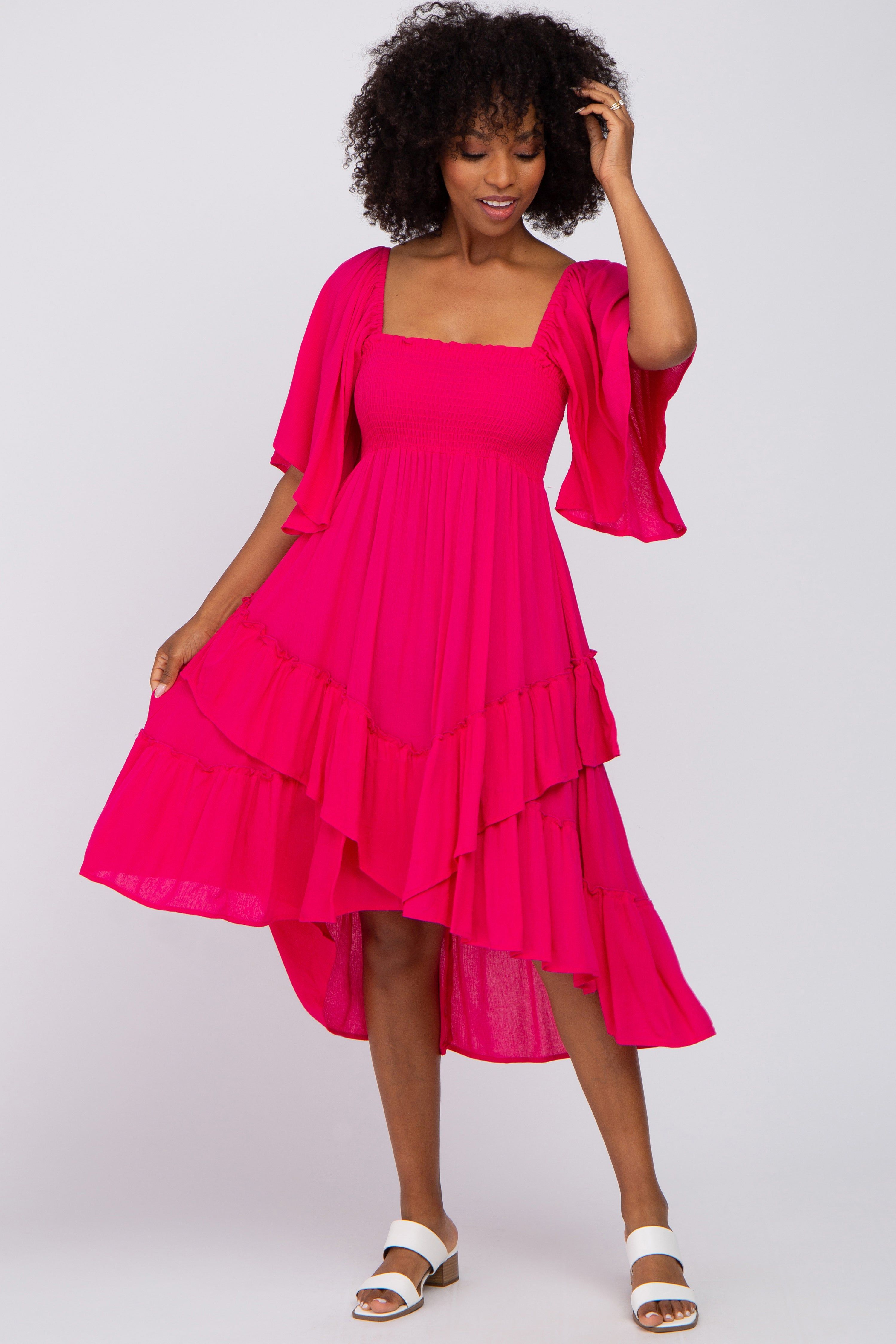 Fuchsia Smocked Asymmetric Tiered Maternity Midi Dress sold by Pinkblush product image thumbnail 5