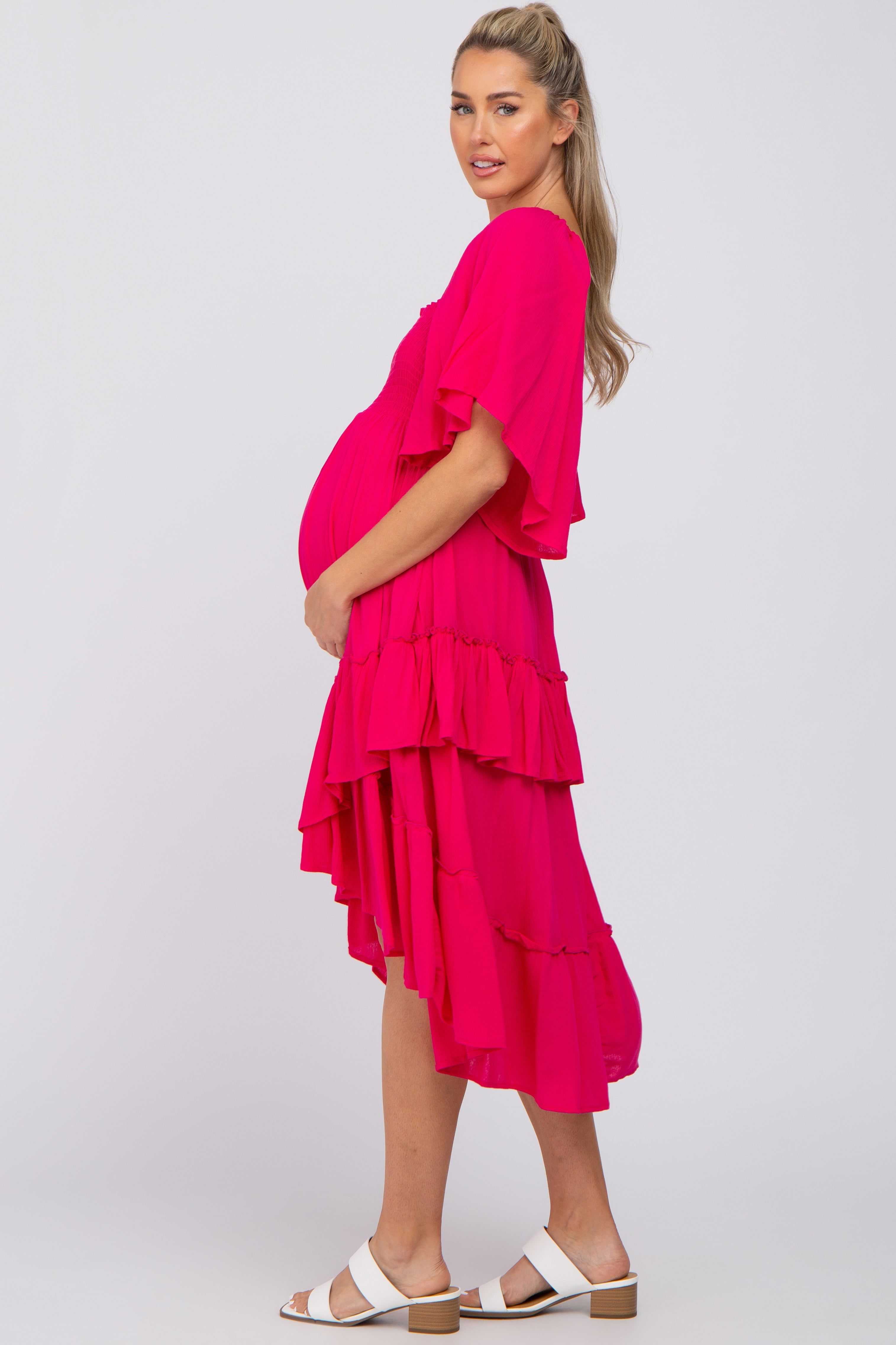 Fuchsia Smocked Asymmetric Tiered Maternity Midi Dress sold by Pinkblush product image thumbnail 2