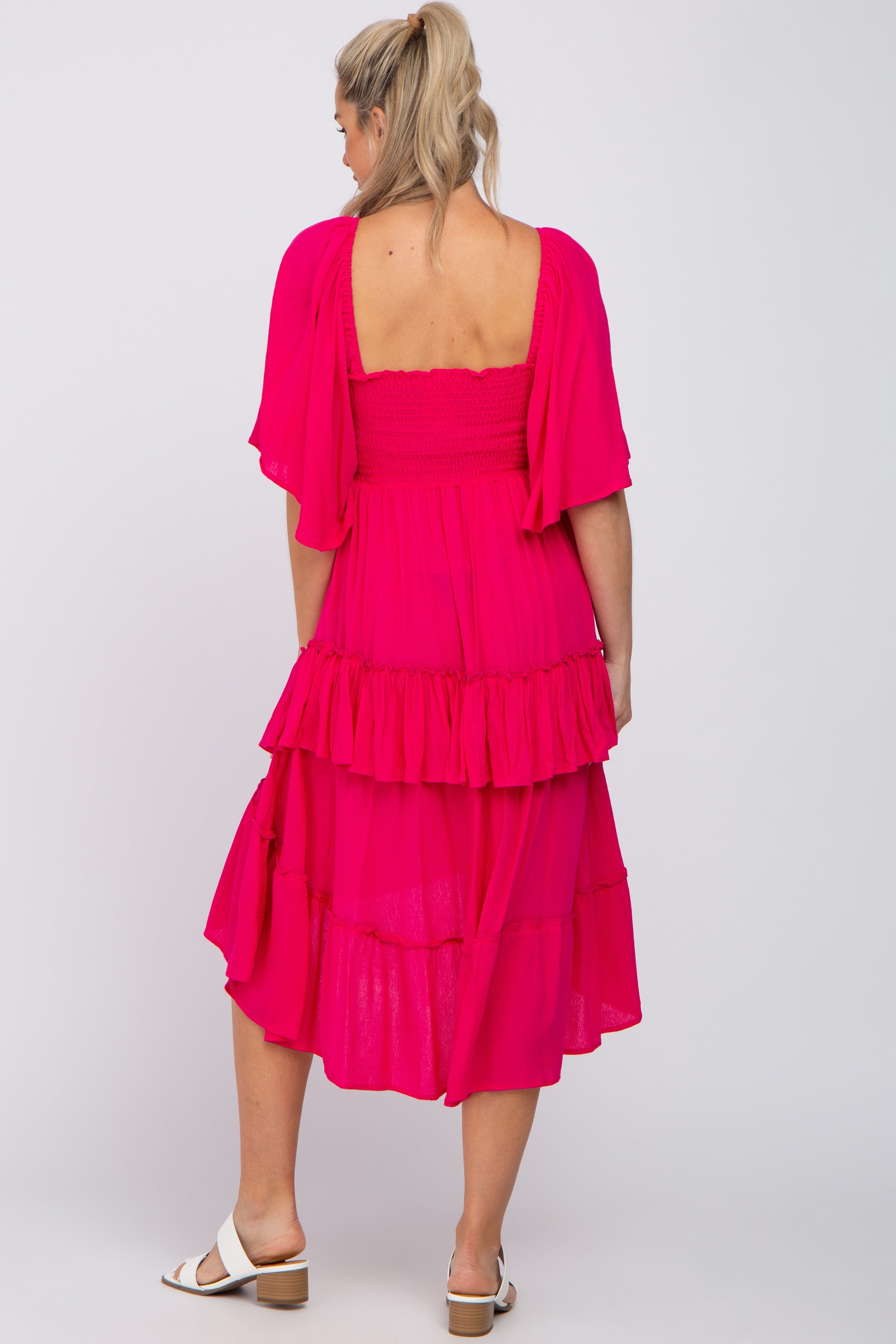 Fuchsia Smocked Asymmetric Tiered Maternity Midi Dress sold by Pinkblush product image thumbnail 3