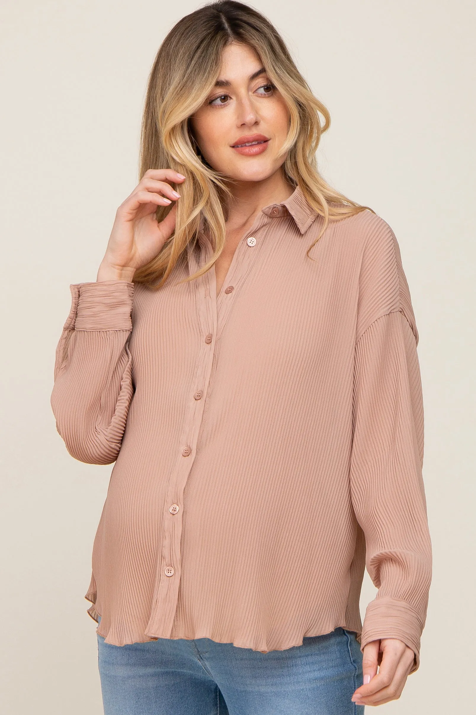 Taupe Plisse Maternity Chiffon Blouse sold by Pinkblush