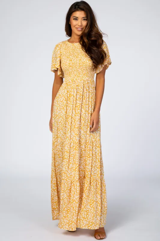 Yellow Floral Smocked Front Pleated Hem Maxi Dress sold by Pinkblush