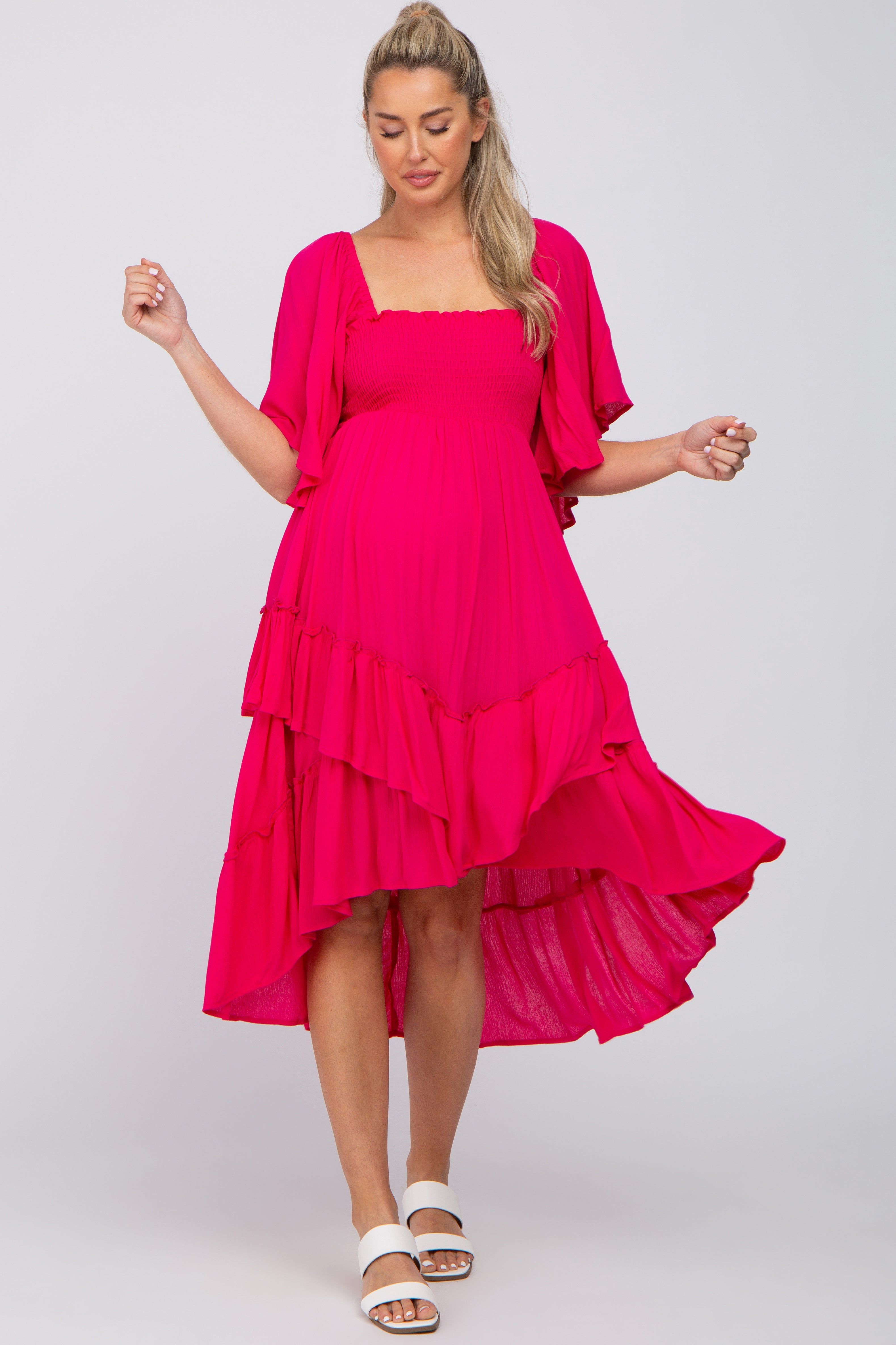 Fuchsia Smocked Asymmetric Tiered Maternity Midi Dress sold by Pinkblush product image thumbnail 4