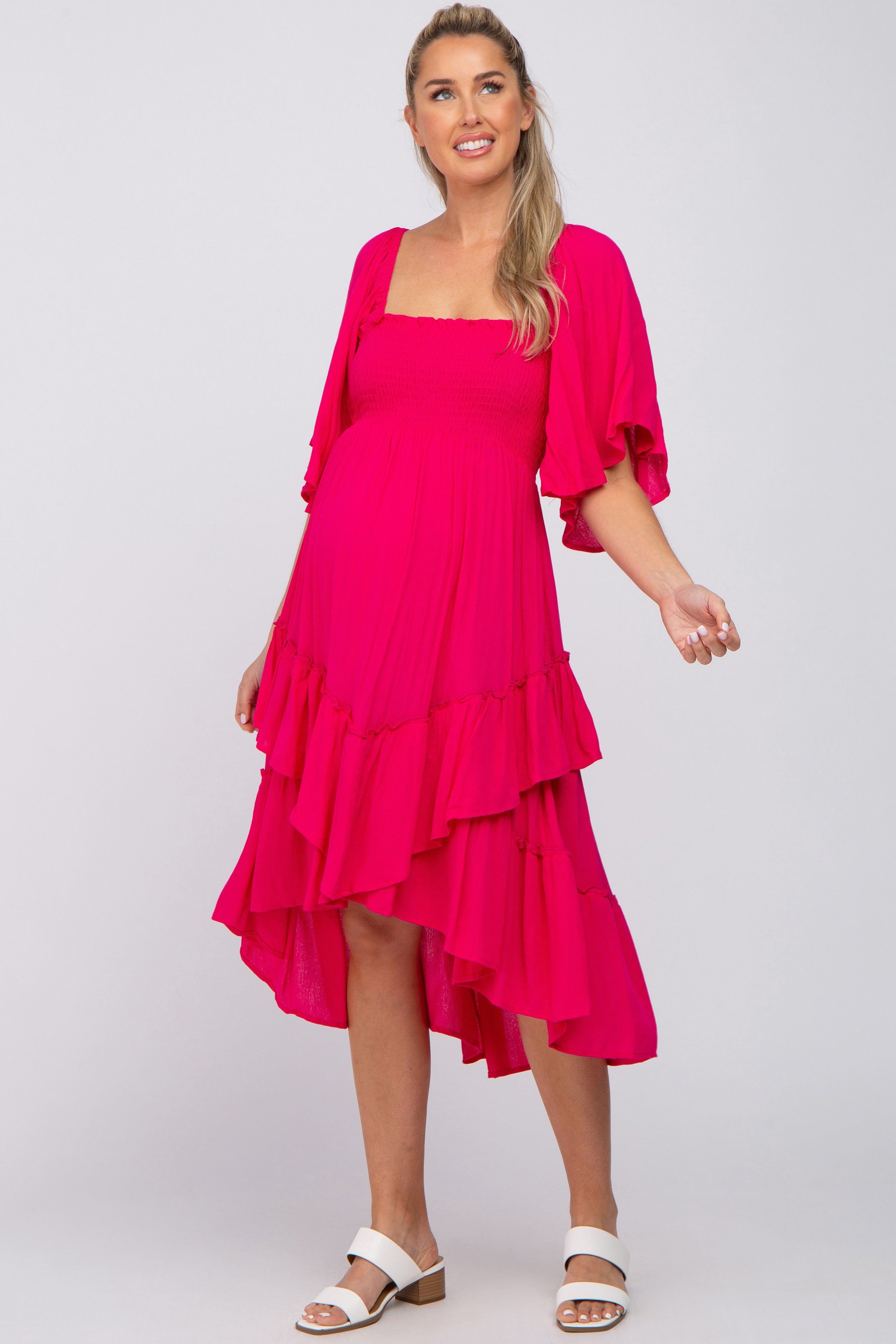 Fuchsia Smocked Asymmetric Tiered Maternity Midi Dress sold by Pinkblush