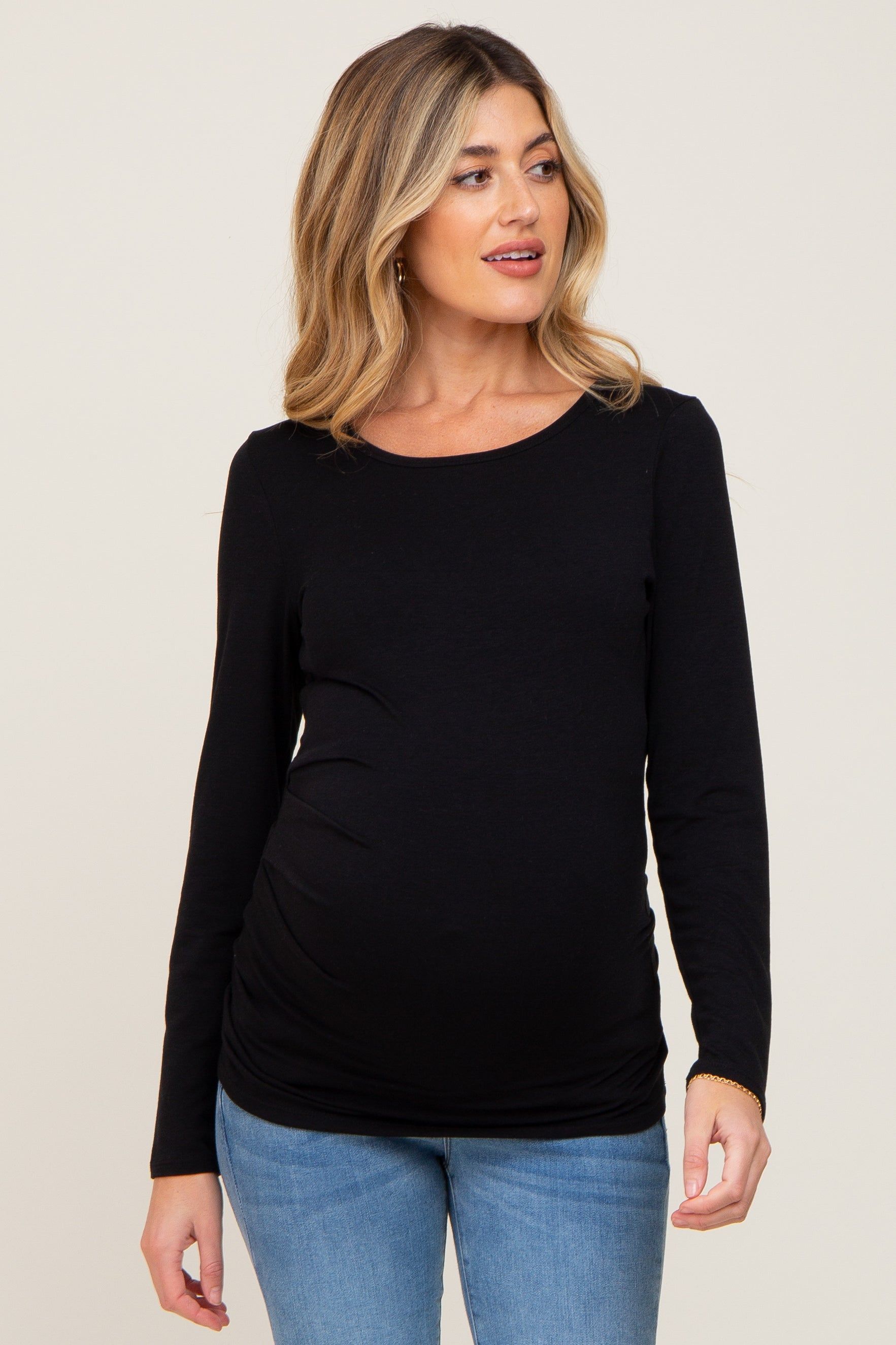Black Ruched Side Long Sleeve Maternity Top sold by Pinkblush
