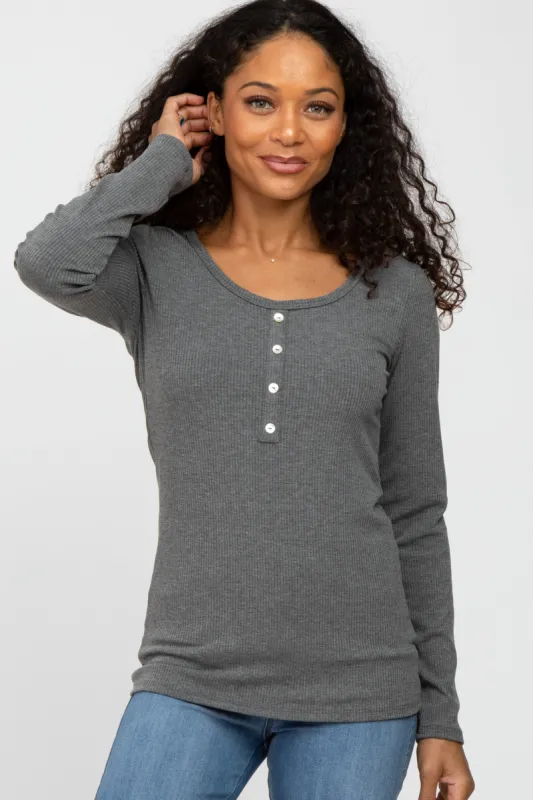 Charcoal Ribbed Button Accent Top sold by Pinkblush