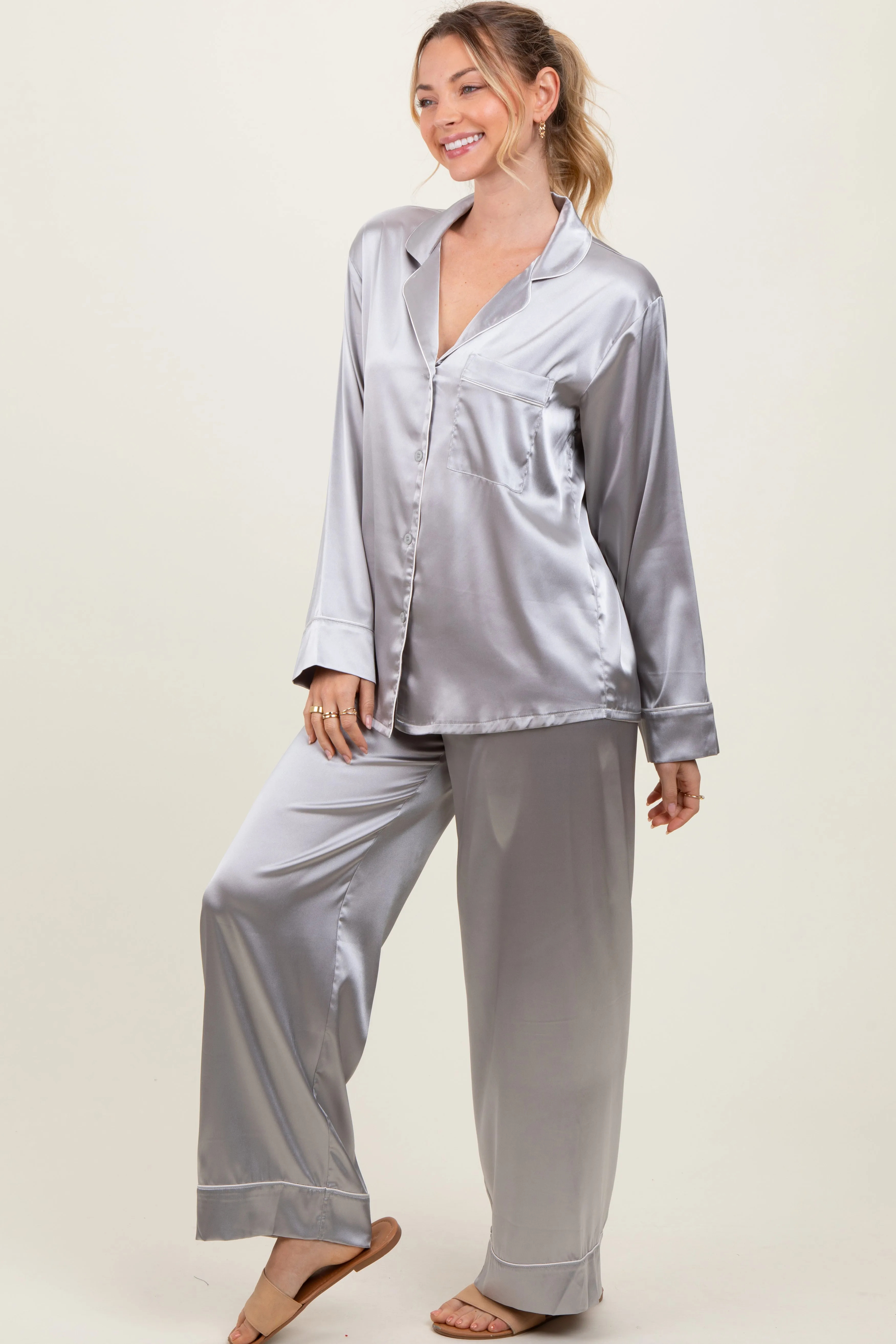 Silver Satin Contrast Trim Long Sleeve Pajama Set sold by Pinkblush product image thumbnail 3