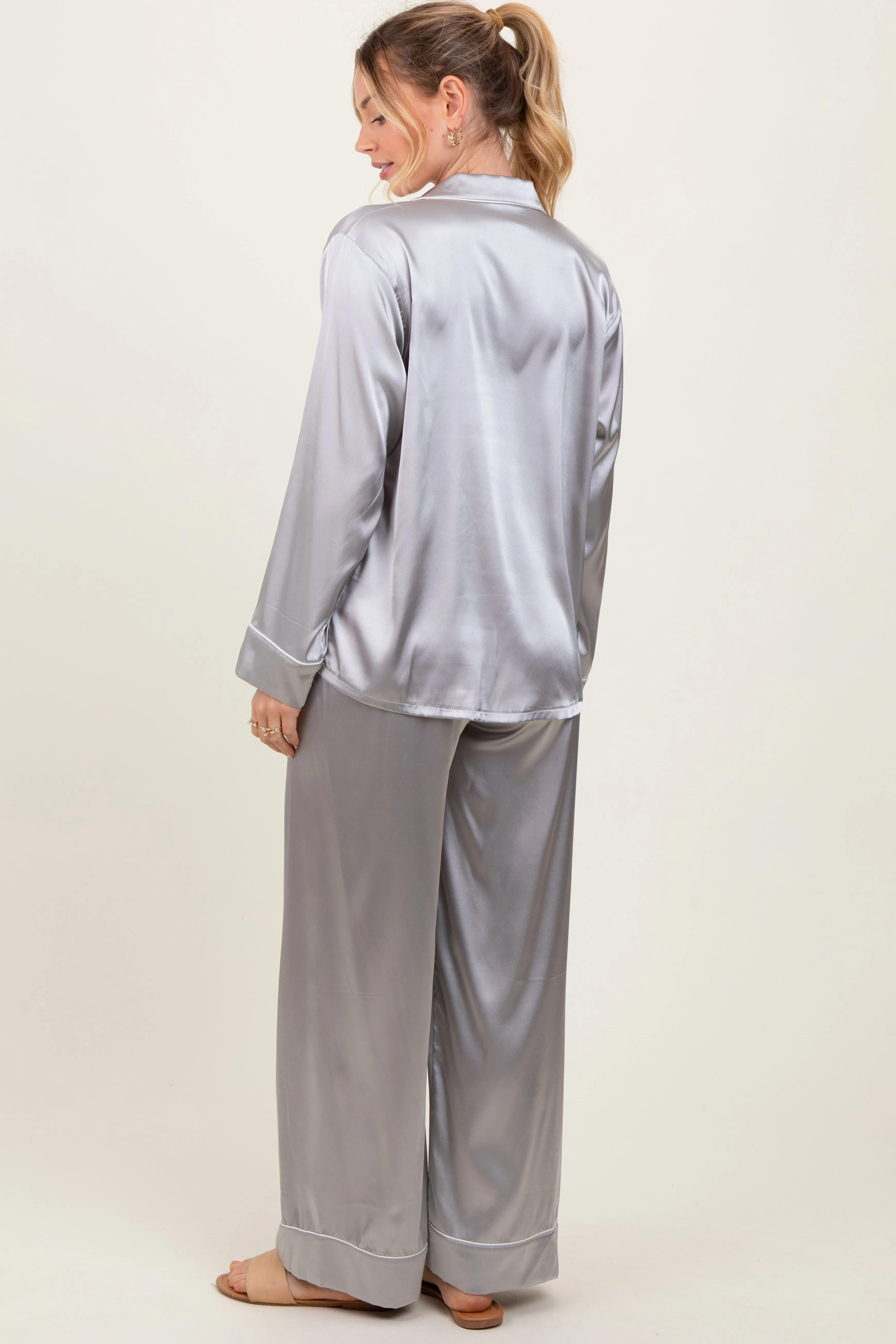 Silver Satin Contrast Trim Long Sleeve Pajama Set sold by Pinkblush product image thumbnail 4