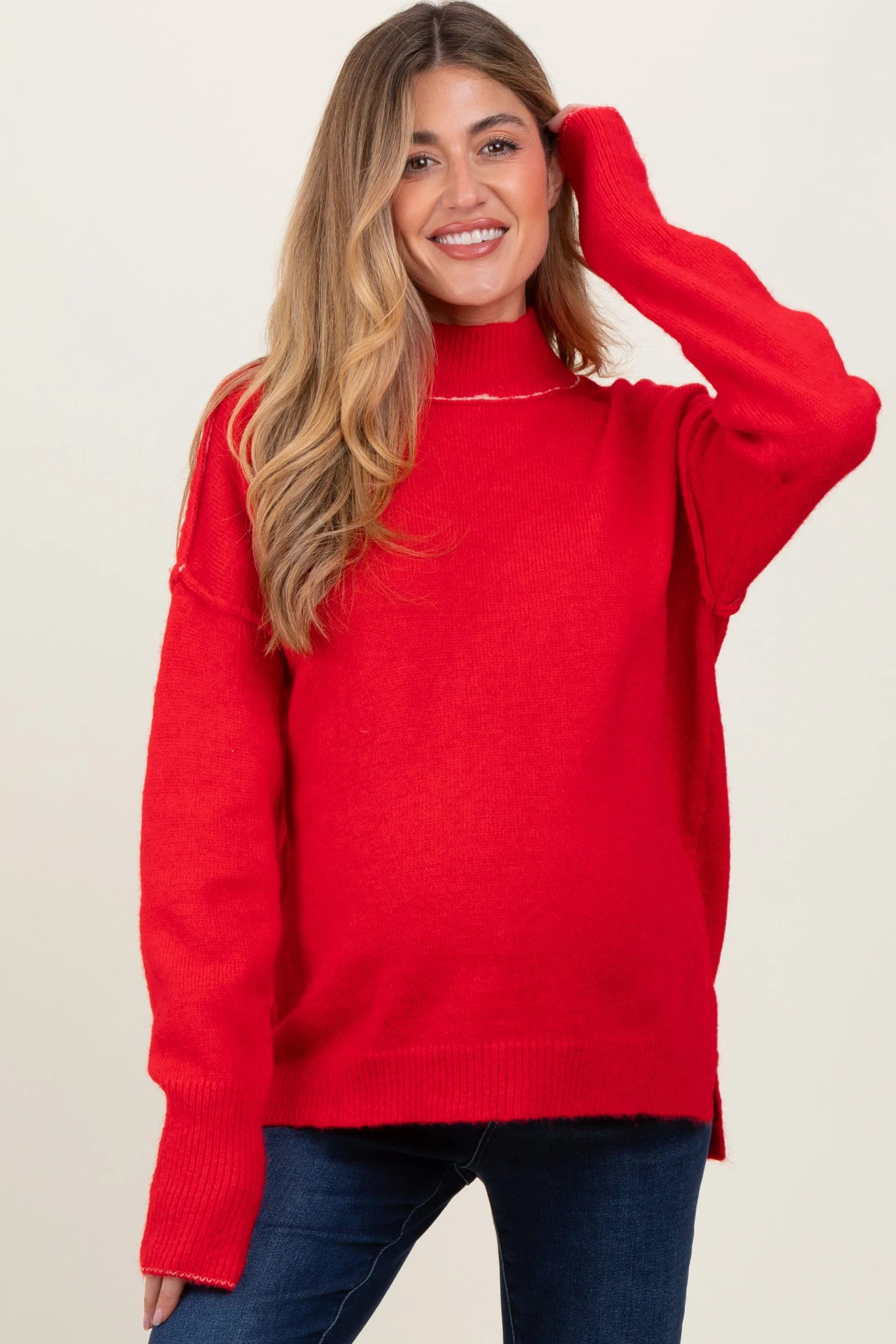 Red Mock Neck Contrast Seam Maternity Sweater sold by Pinkblush
