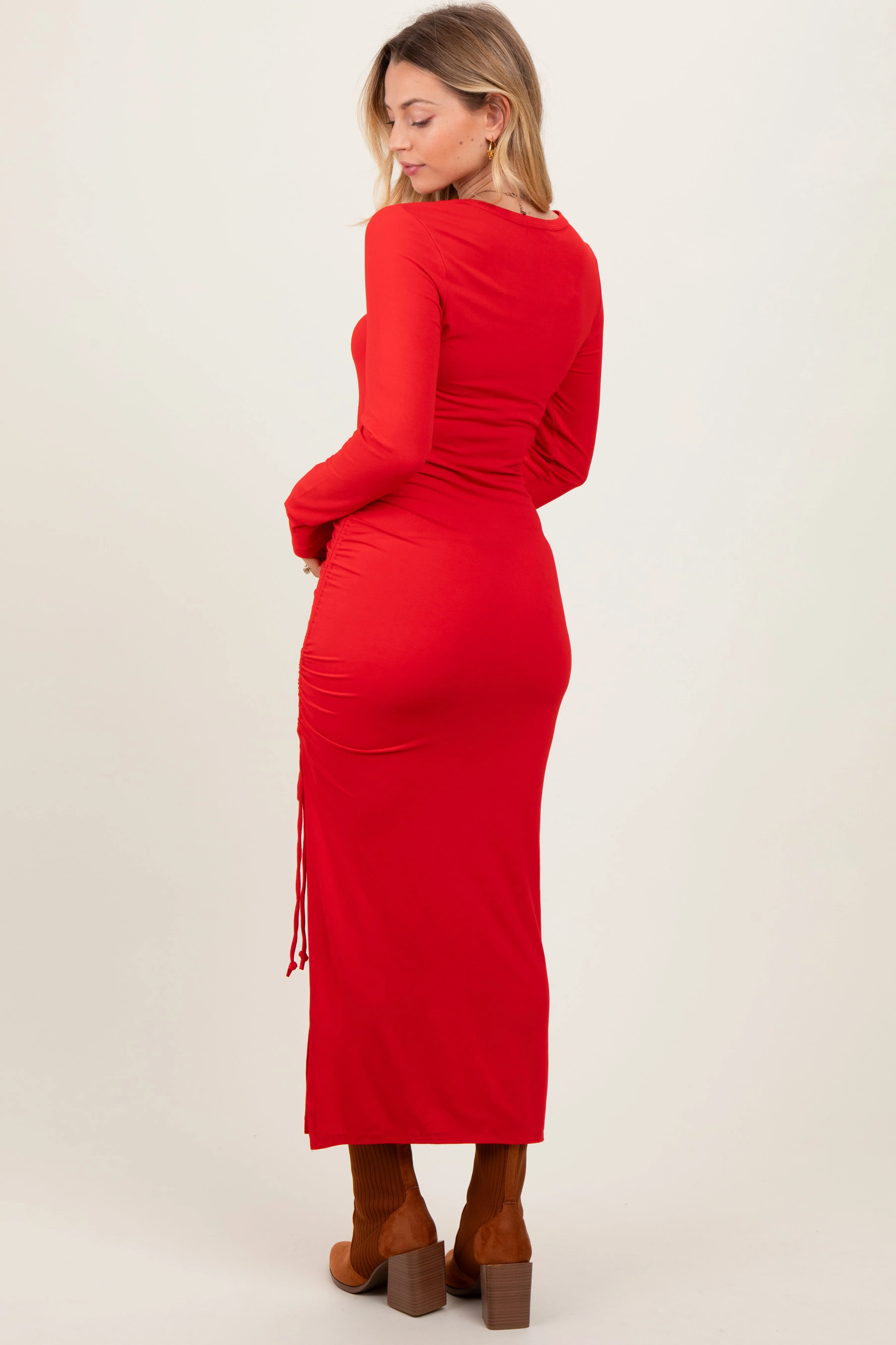 Red Ruched Tie Side Slit Midi Dress sold by Pinkblush product image thumbnail 4