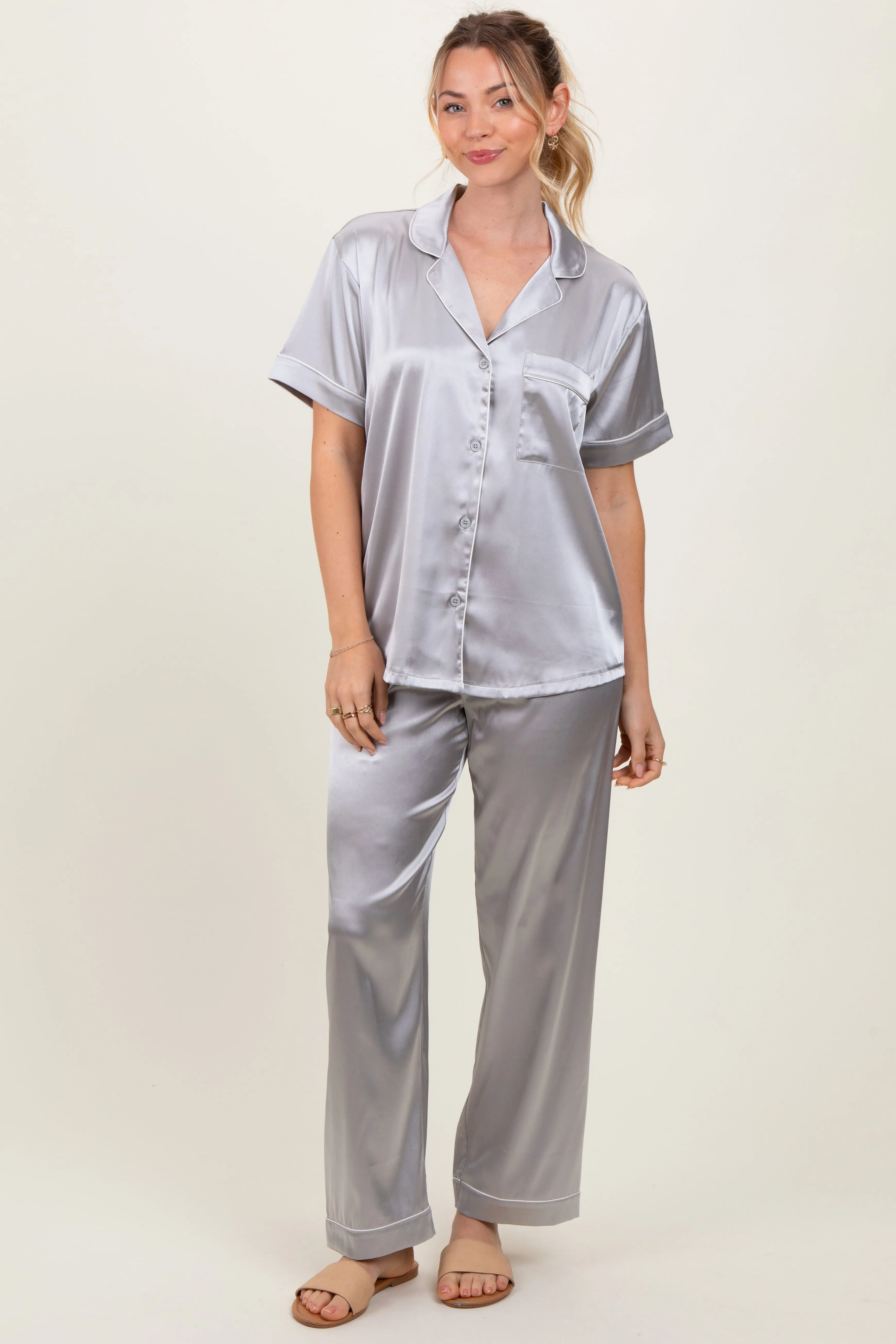 Silver Satin Contrast Trim Pajama Set sold by Pinkblush