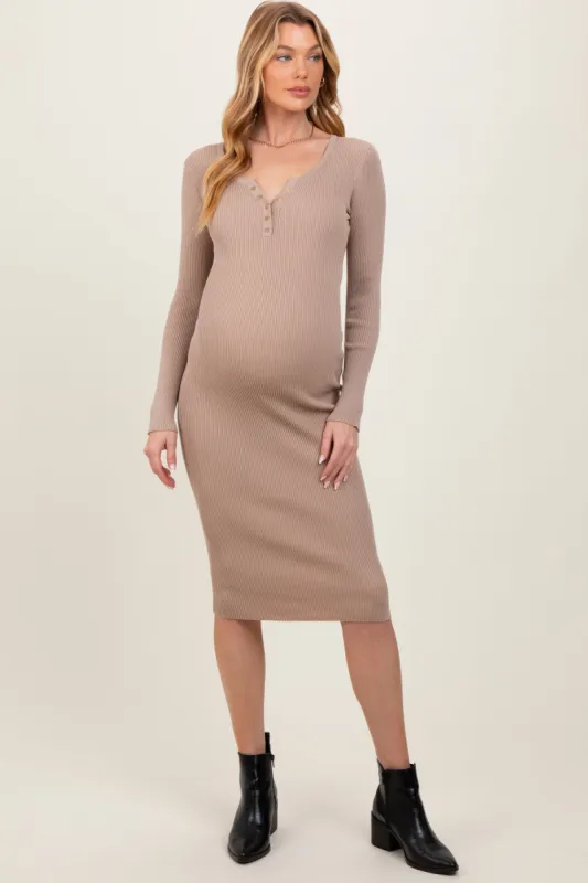 Beige Ribbed Henley Neckline Maternity Midi Sweater Dress sold by Pinkblush