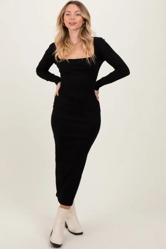 Black Square Neck Rib Long Sleeve Maxi Dress sold by Pinkblush