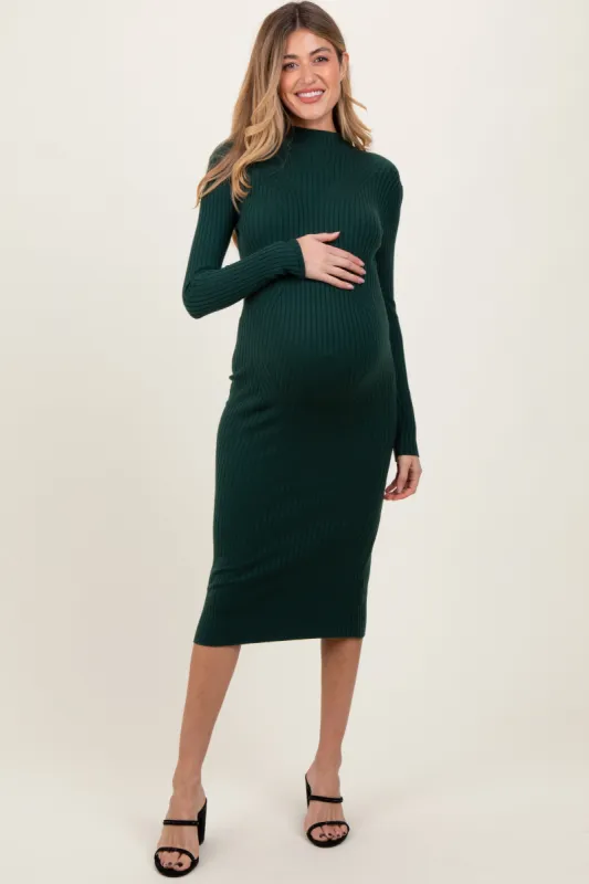 Forest Green Ribbed Knit Mock Neck Long Sleeve Maternity Midi Dress sold by Pinkblush