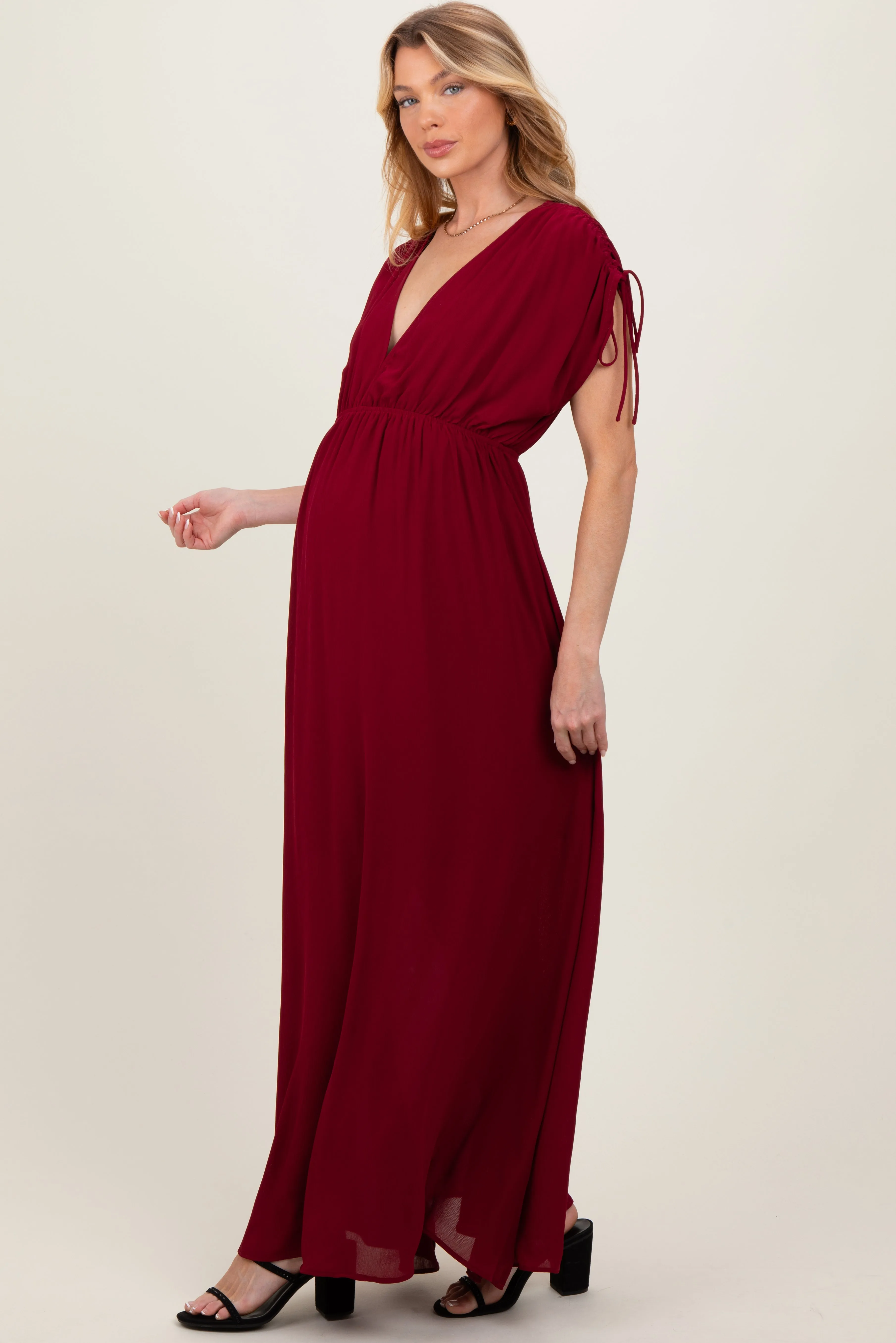 Burgundy V-Neck Drawstring Short Sleeve Side Slit Maternity Maxi Dress sold by Pinkblush product image thumbnail 3